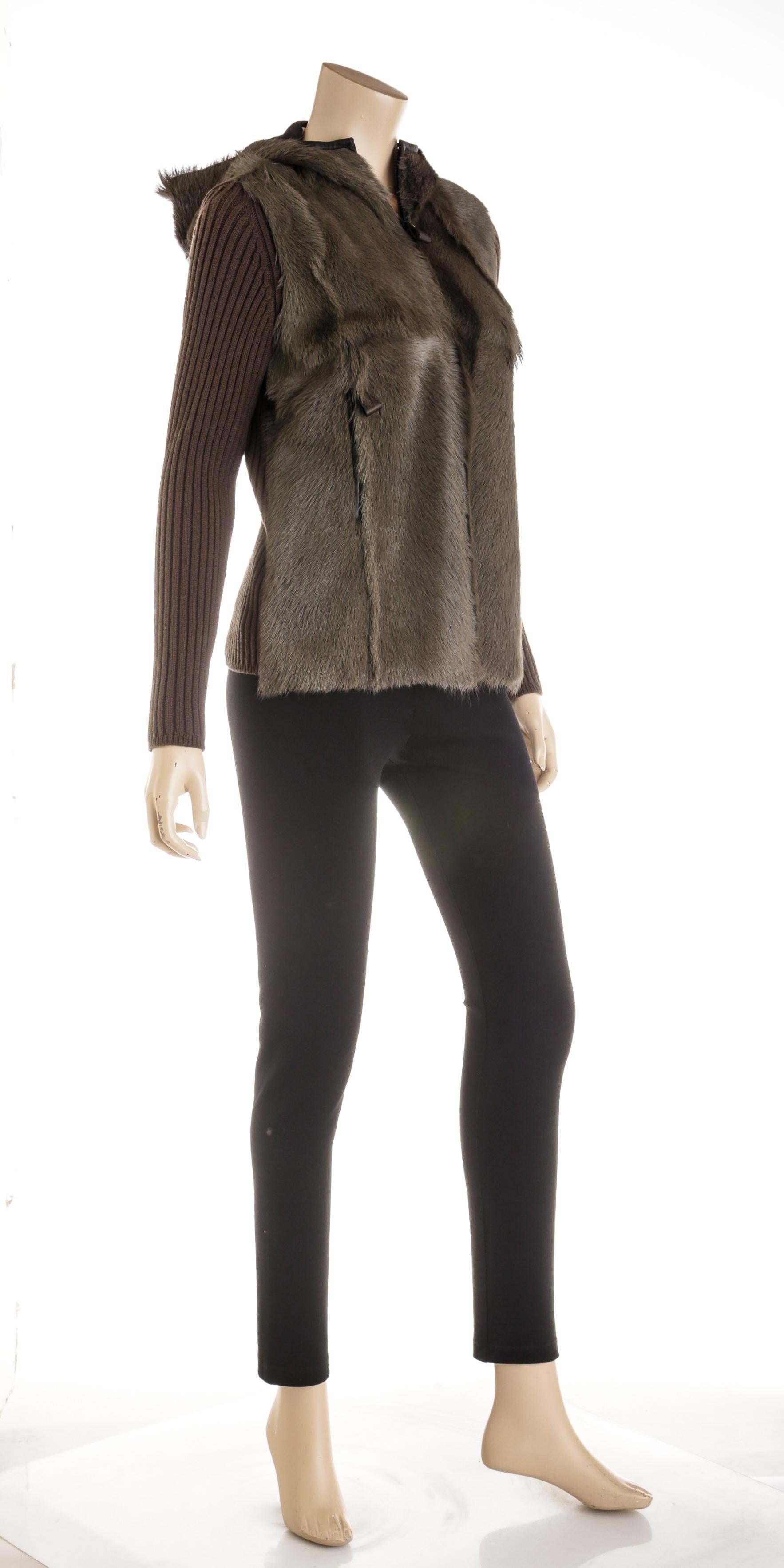 Black Hermes Green Knit Sleeves Goat Skin Fur Hooded Sweater Jacket Size 36 For Sale