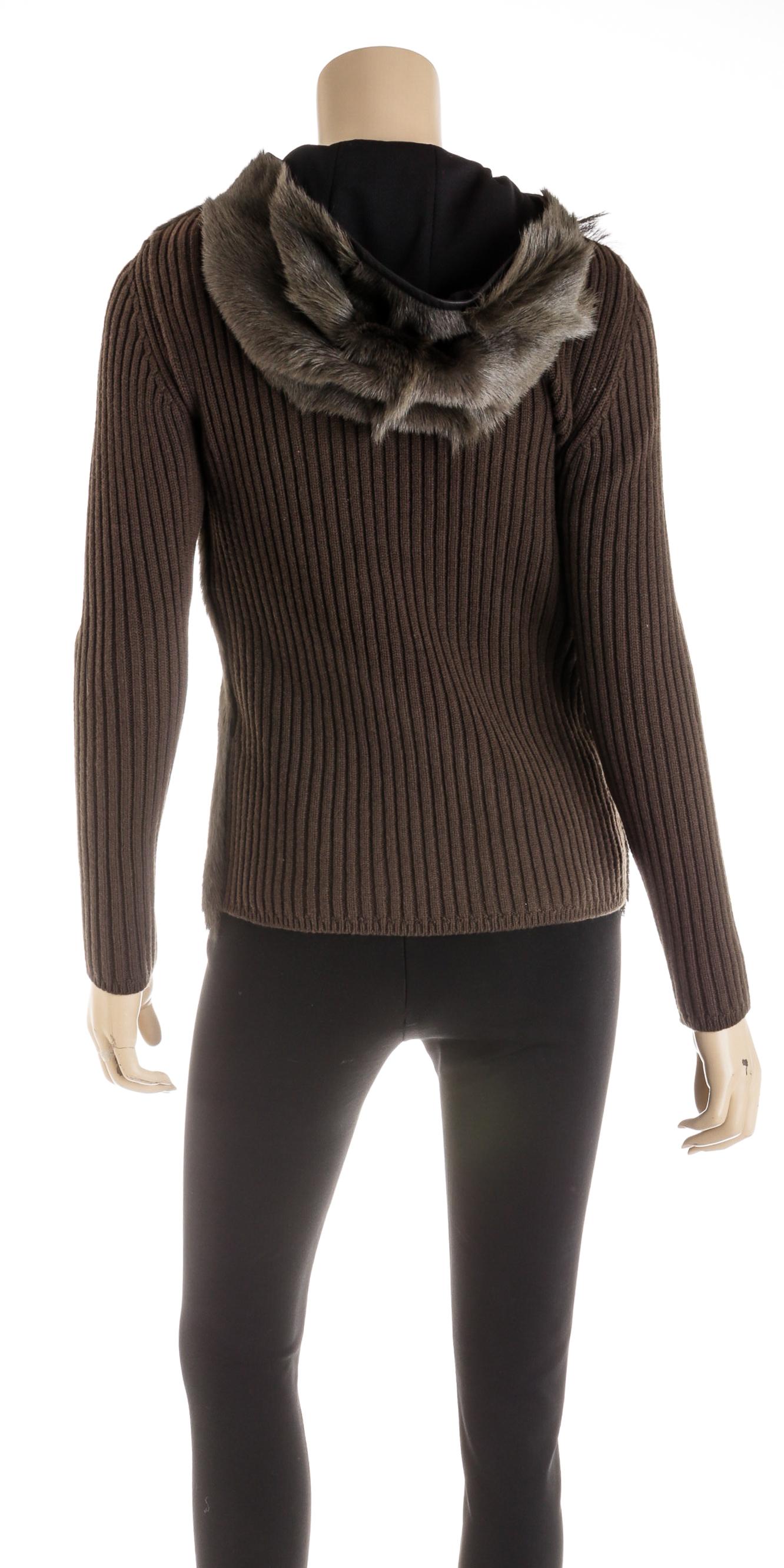 Women's Hermes Green Knit Sleeves Goat Skin Fur Hooded Sweater Jacket Size 36 For Sale