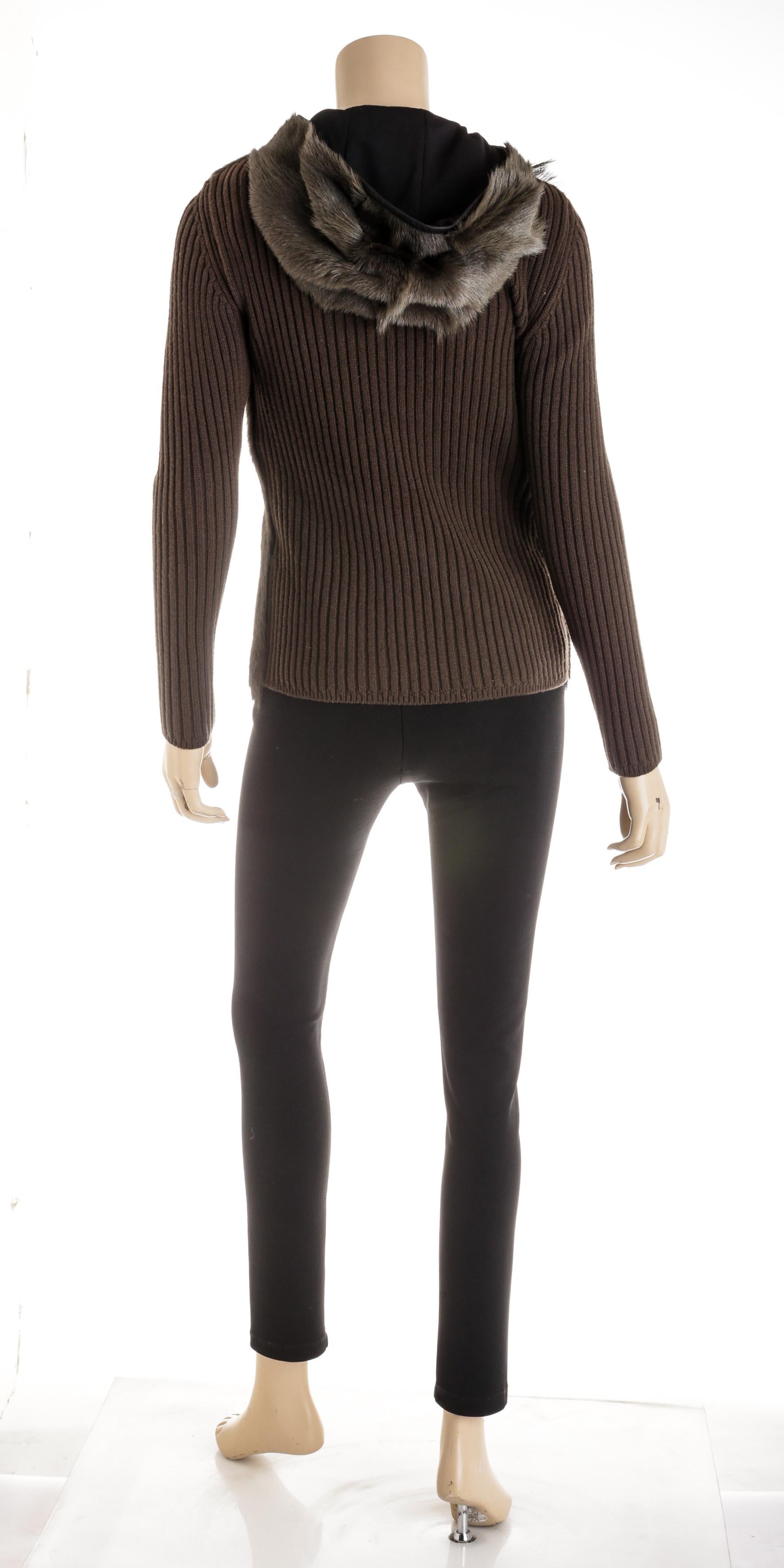 Hermes Green Knit Sleeves Goat Skin Fur Hooded Sweater Jacket Size 36 For Sale 1