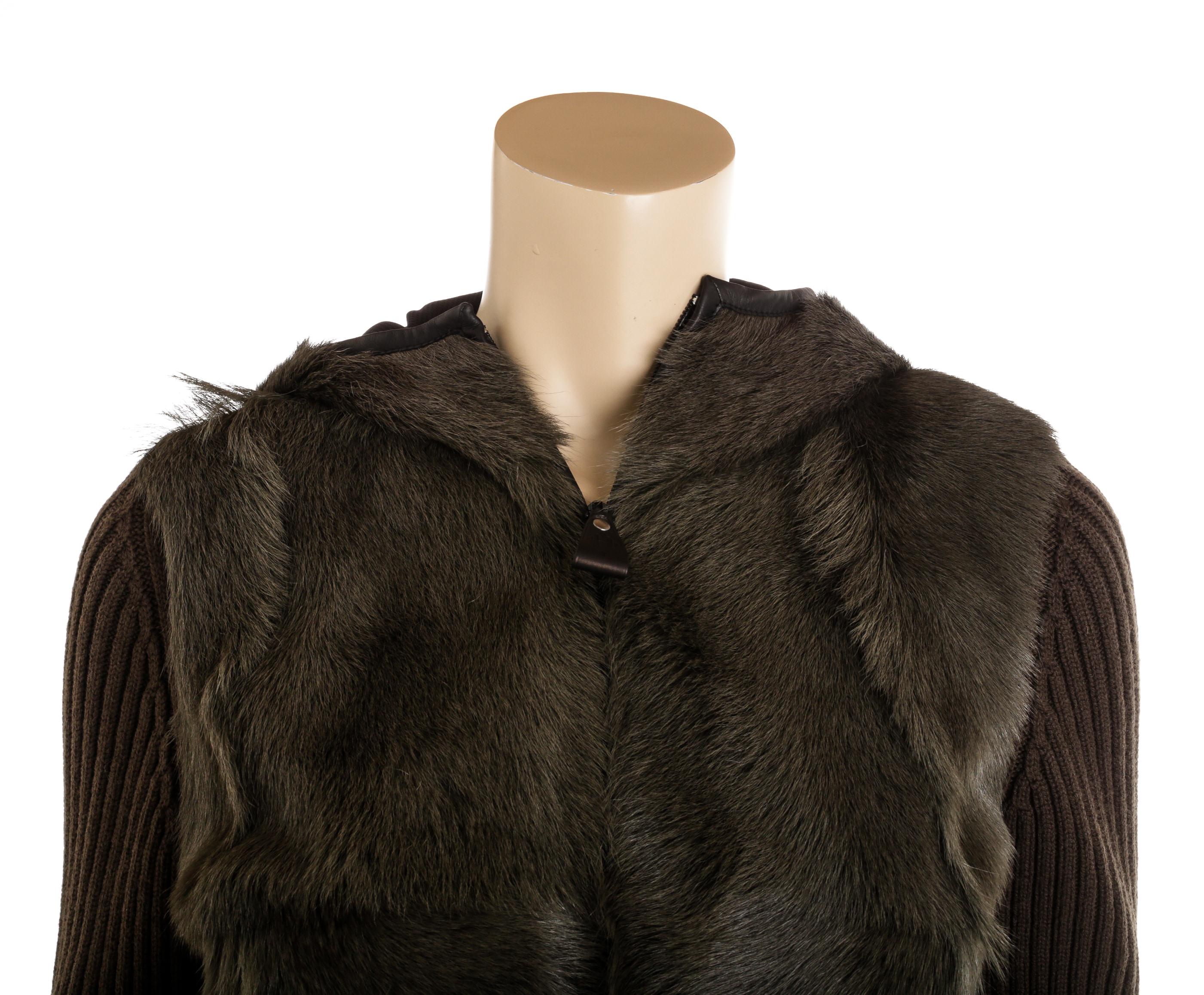 Hermes Green Knit Sleeves Goat Skin Fur Hooded Sweater Jacket Size 36 For Sale 2