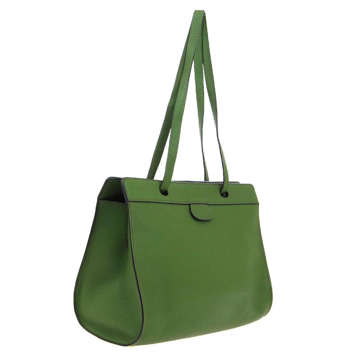 Black Hermes Green Leather Carryall Travel Large Shopper Shoulder Tote Bag