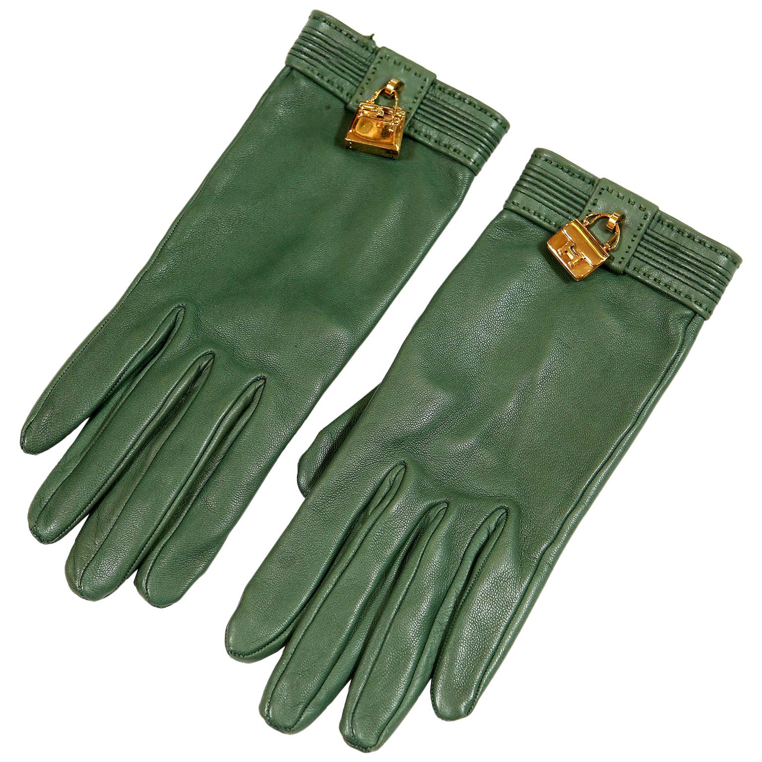 Hermès Green Leather Gloves with Bag Charms size 6.5