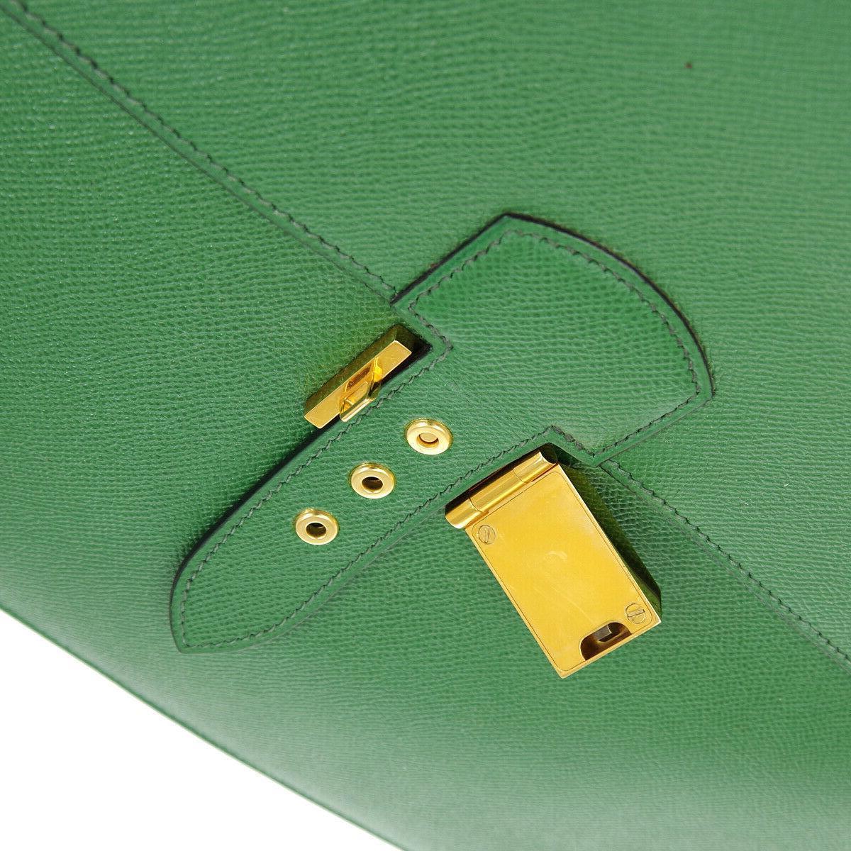 Hermes Green Leather Gold Men's Women's Top Handle Satchel Business Travel Briefcase Bag in Box 

Leather
Gold tone hardware
Turnlock closure
Leather lining
Date code present
Made in France
Handle drop 2