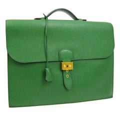 Hermes Green Leather Gold Top Handle Satchel Men's Travel Briefcase Bag in Box