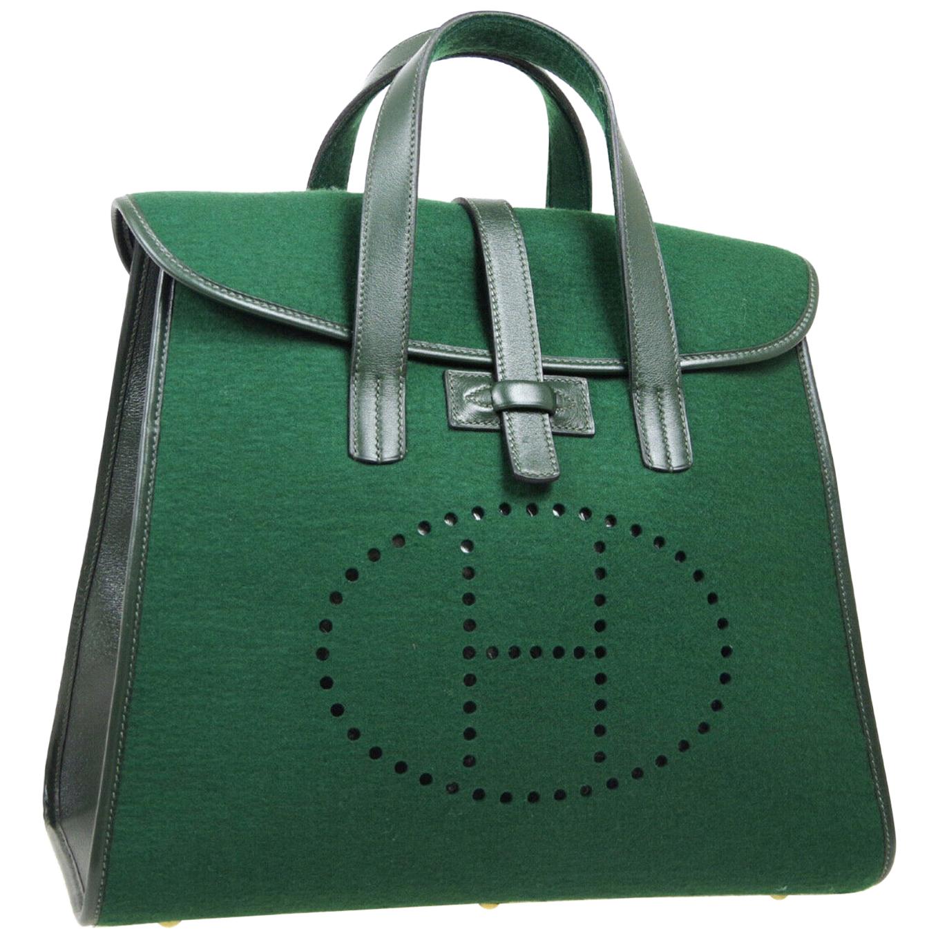 Hermes Green Leather Men's Women's Carryall Top Handle Satchel Travel Tote Bag 