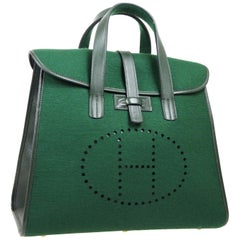 Hermes Green Leather Men's Women's Carryall Top Handle Satchel Travel Tote Bag