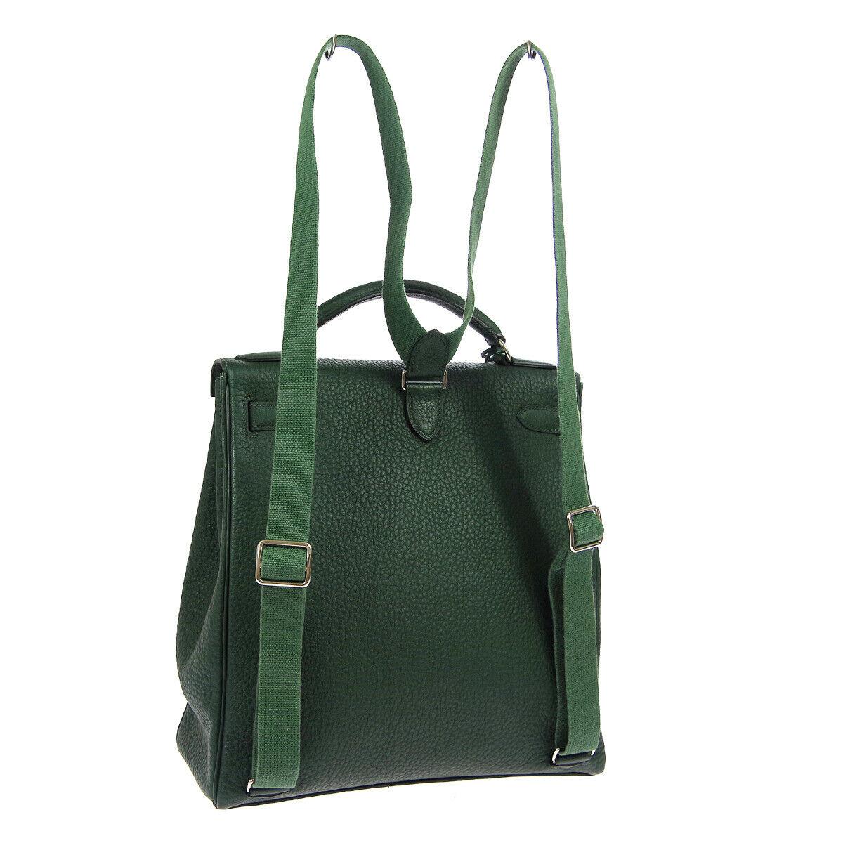 Hermes Green Leather Palladium Men's Women's Travel Backpack Shoulder Bag (Schwarz)