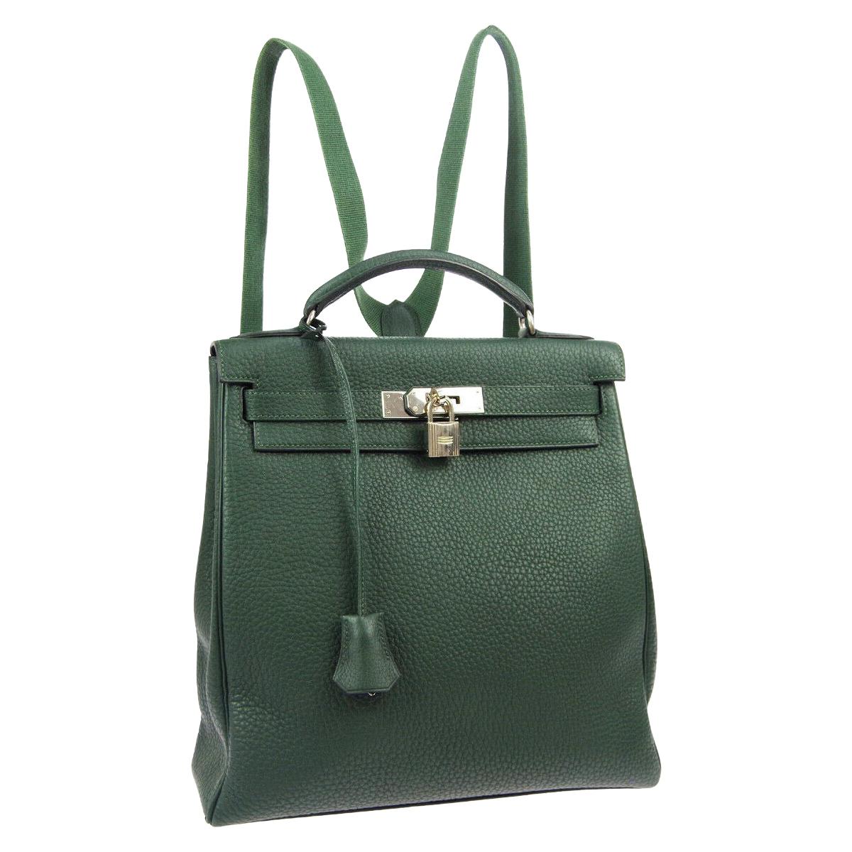 Hermes Green Leather Palladium Men's Women's Travel Backpack Shoulder Bag