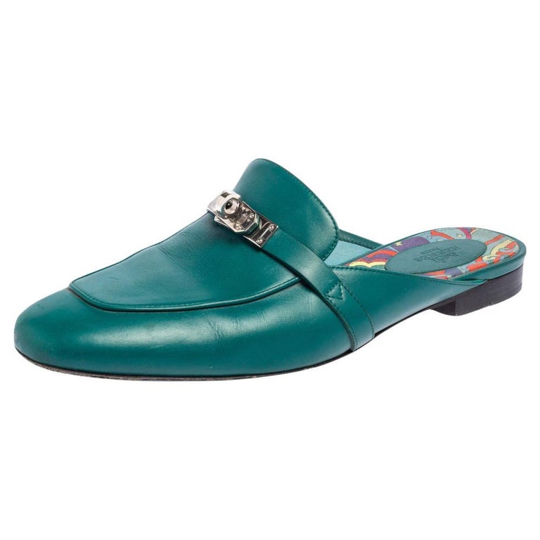 Hermes Green Leather Palladium Plated Oz Flat Mules Size 40 at 1stDibs