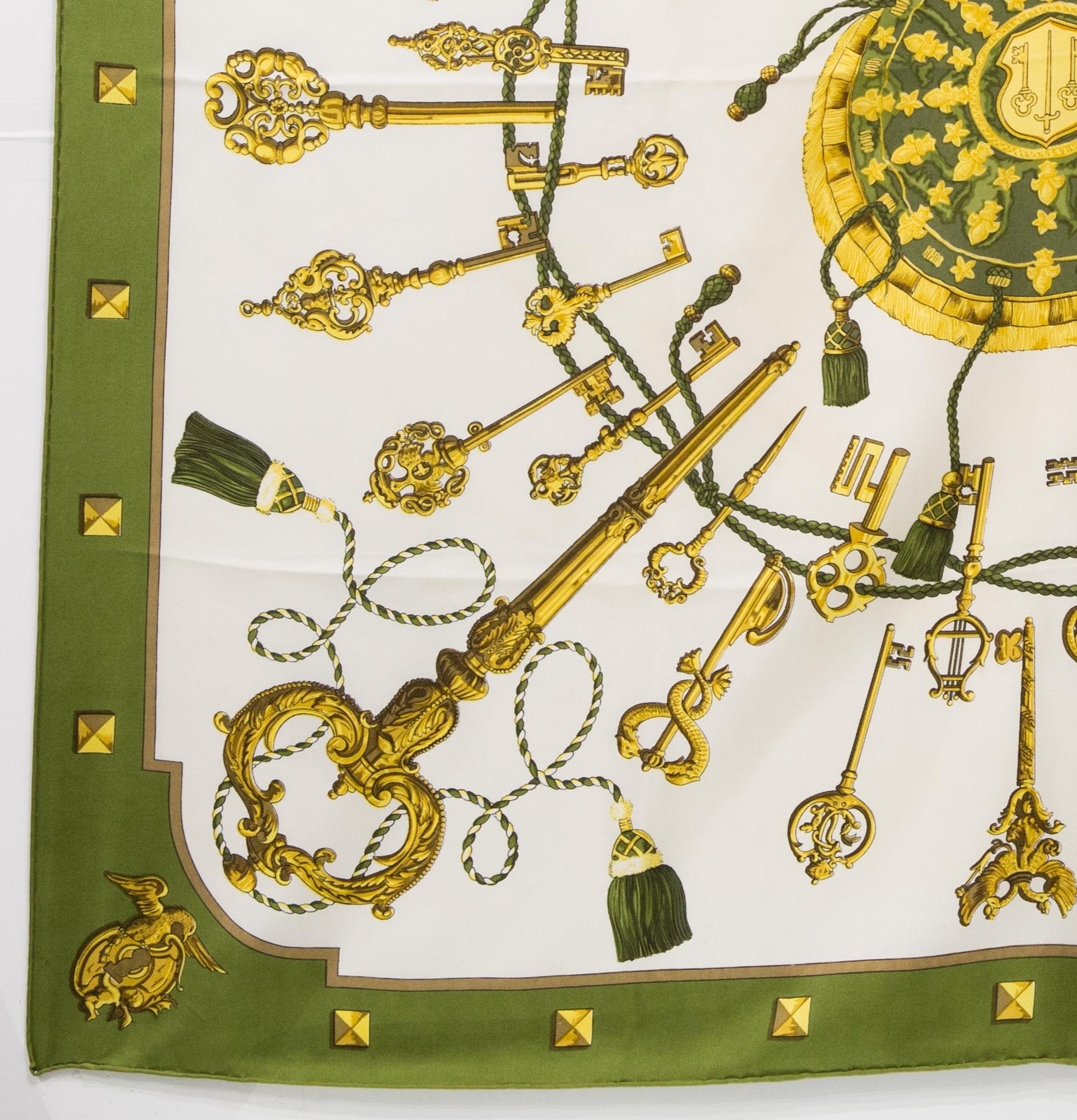 Brown Hermes Green Les Clefs by Cathy Latham Silk Scarf For Sale