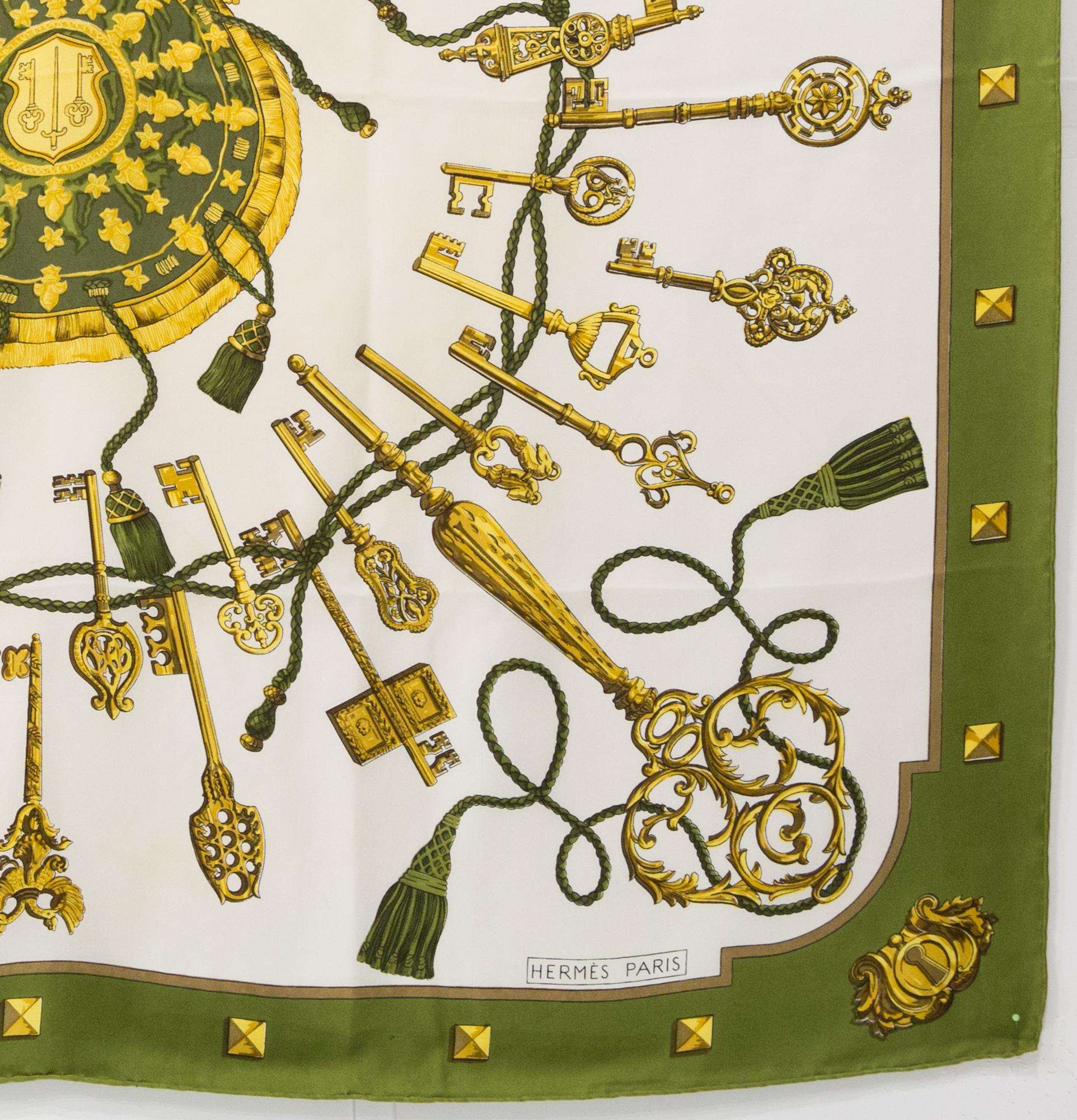 Women's or Men's Hermes Green Les Clefs by Cathy Latham Silk Scarf For Sale