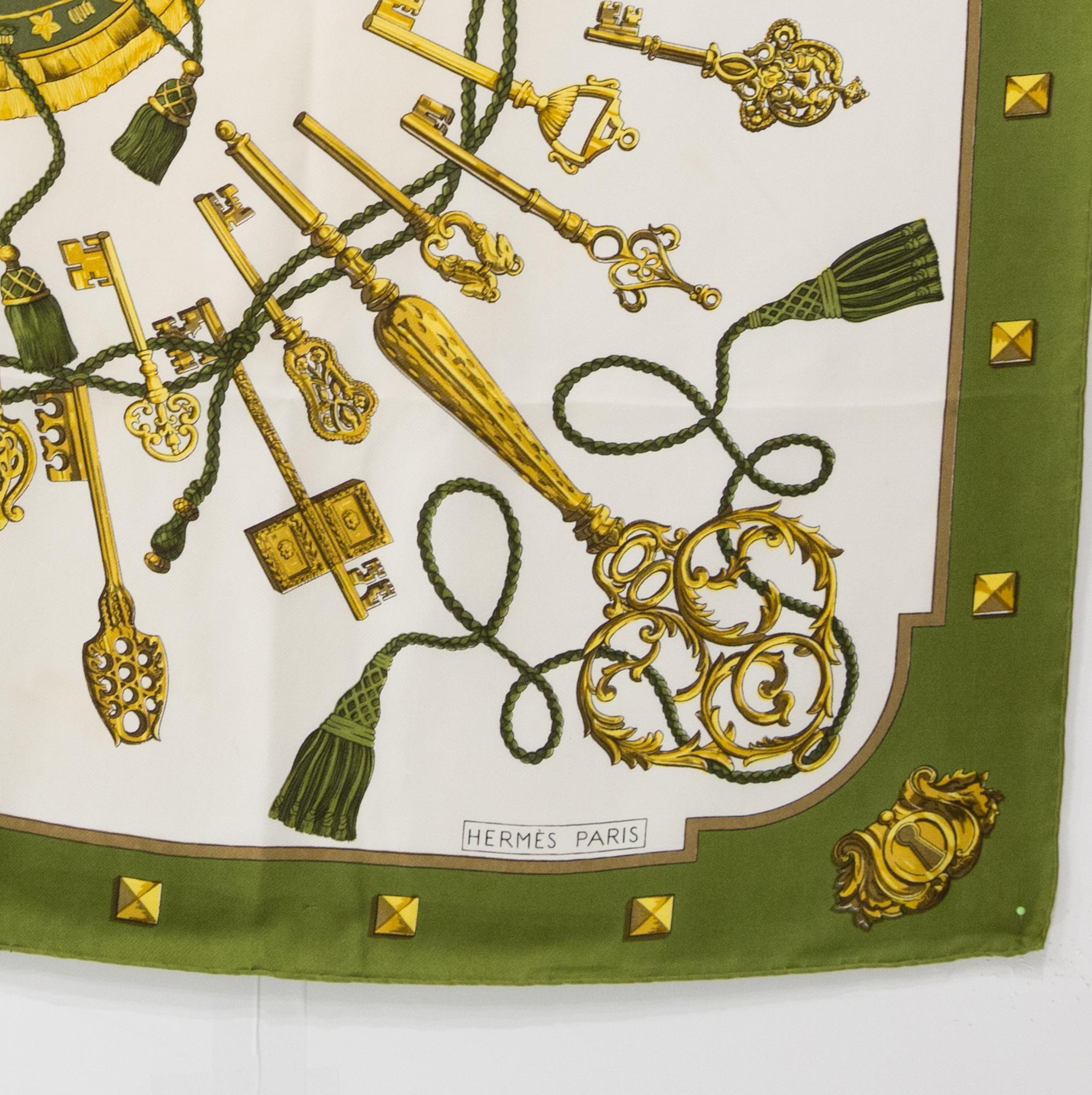 Hermes Green Les Clefs by Cathy Latham Silk Scarf For Sale 1
