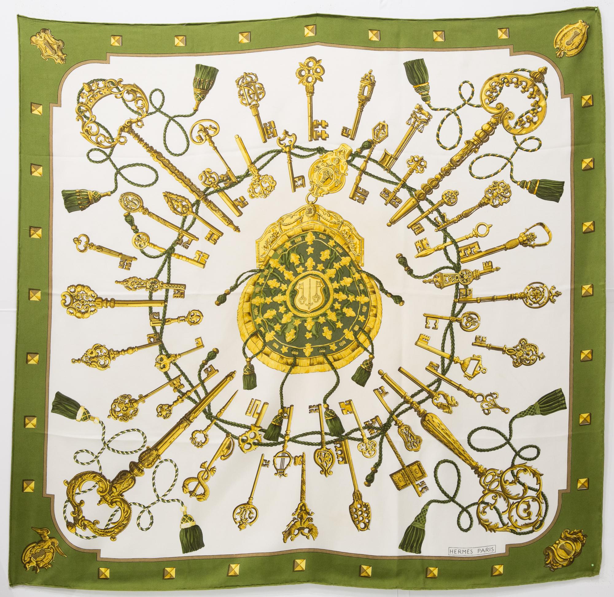 Hermes Green Les Clefs by Cathy Latham Silk Scarf For Sale 2