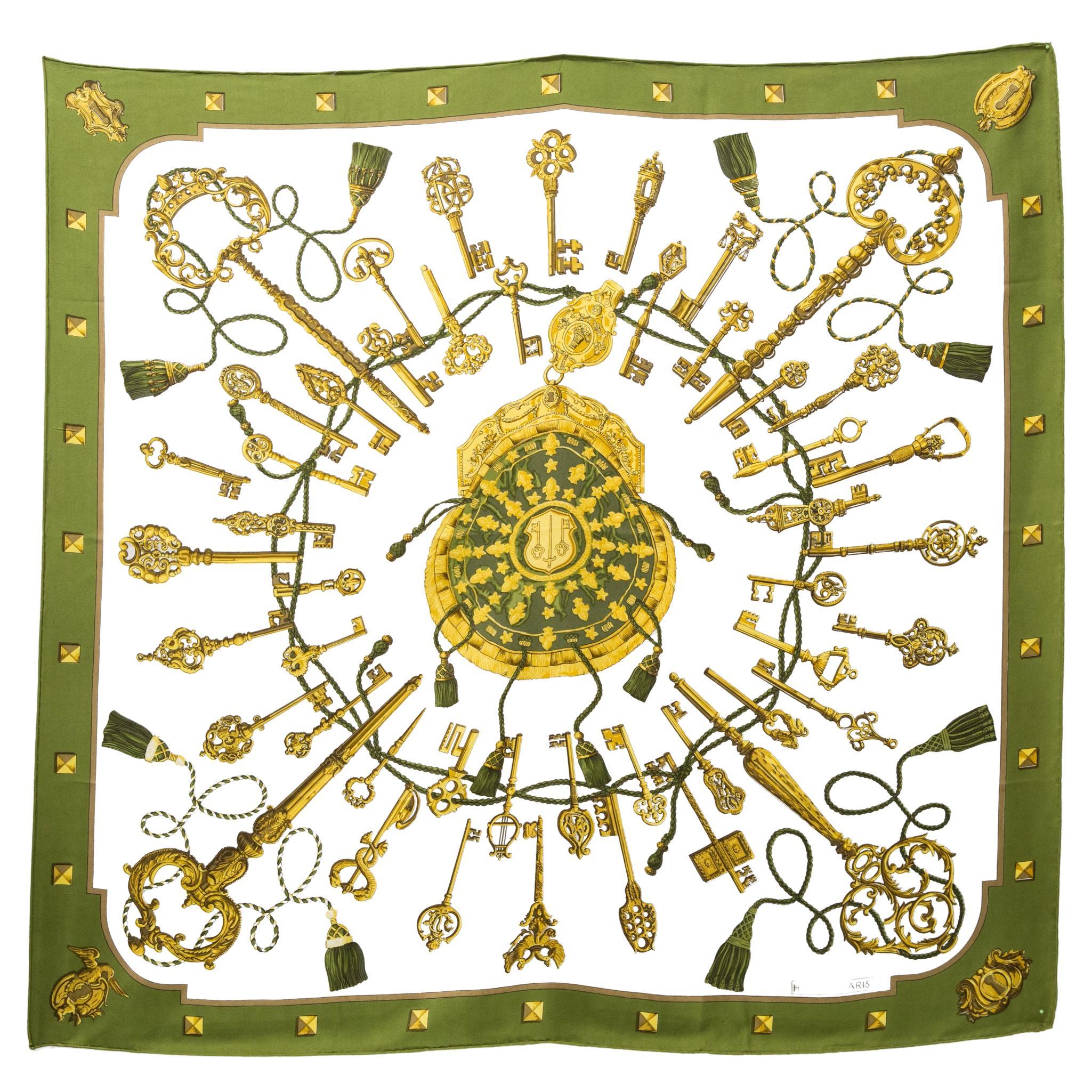 Hermes Green Les Clefs by Cathy Latham Silk Scarf For Sale