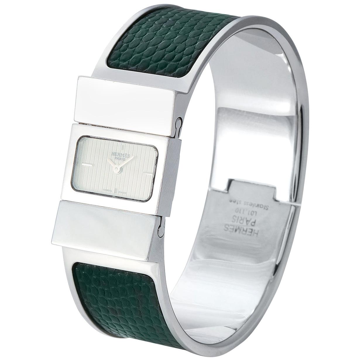 Hermès Green Lizard Loquet Watch  For Sale