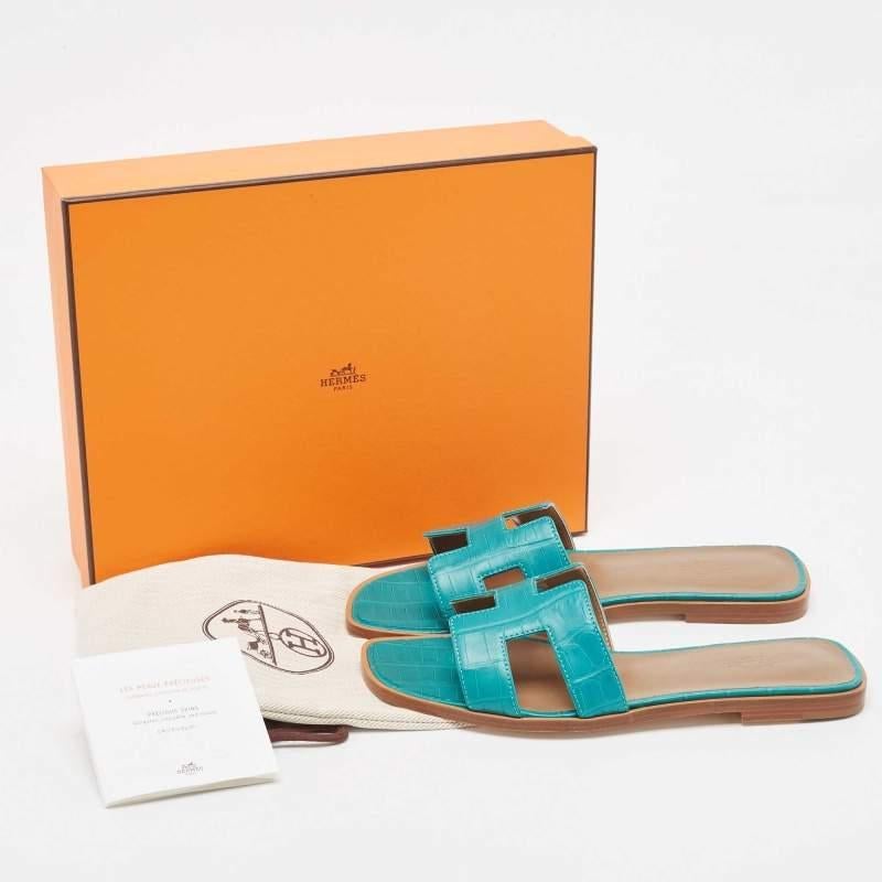 Hermes Green Matt Crocodile Oran Flat Slides Size 38.5 5