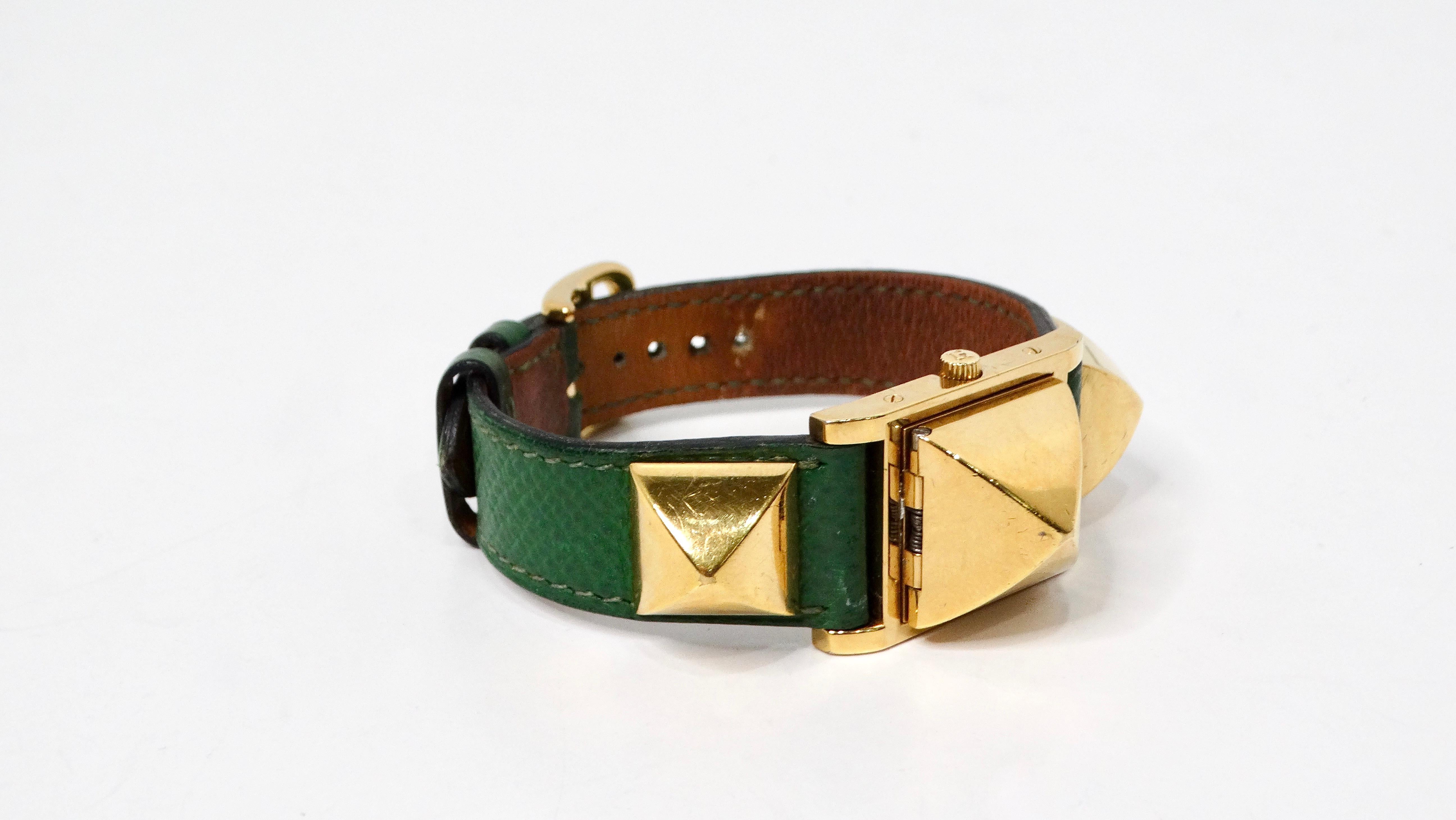 Hermes Green Medor 23mm Leather & Stainless Steel Watch In Good Condition For Sale In Scottsdale, AZ