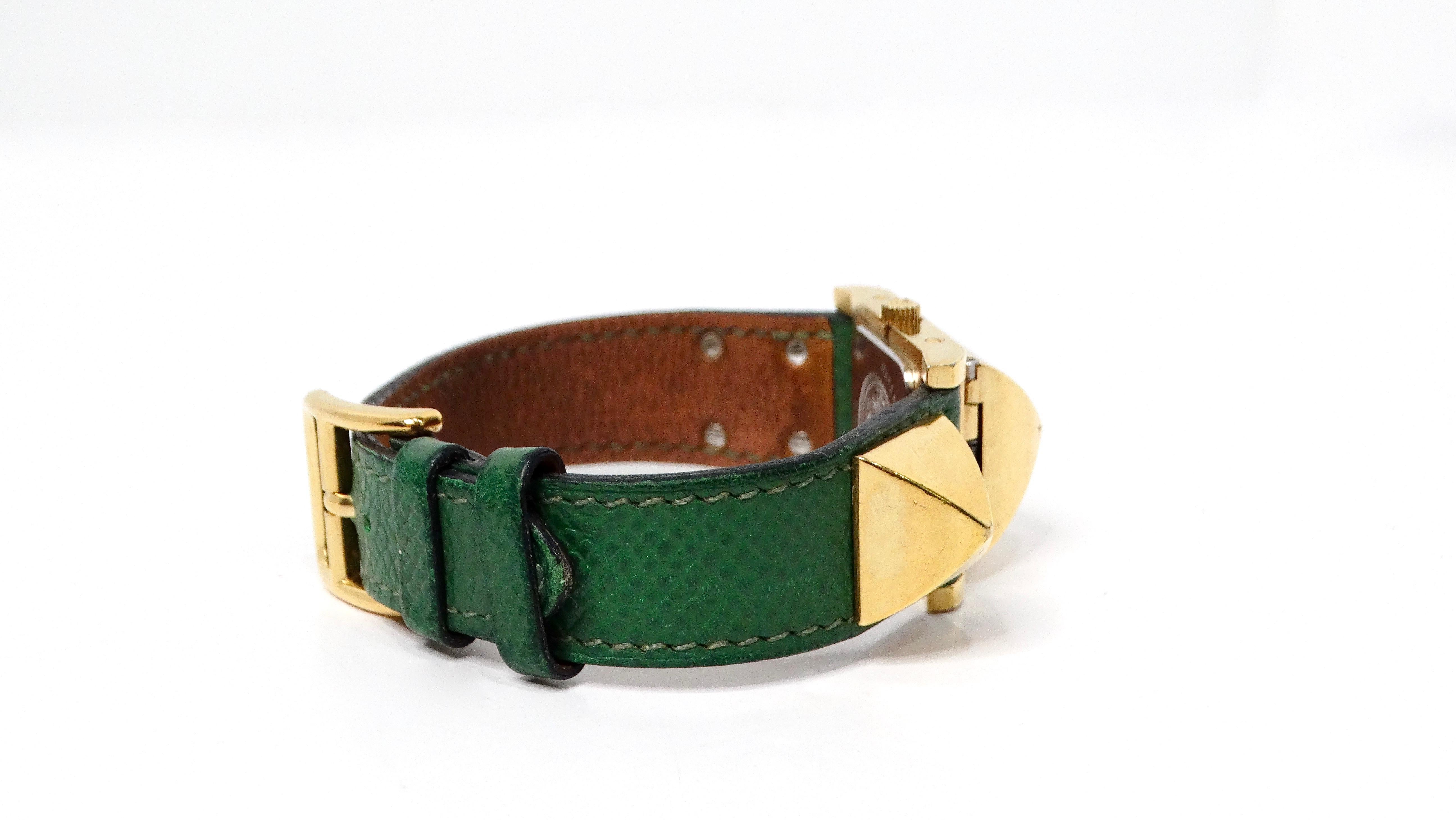 Hermes Green Medor 23mm Leather & Stainless Steel Watch For Sale 2
