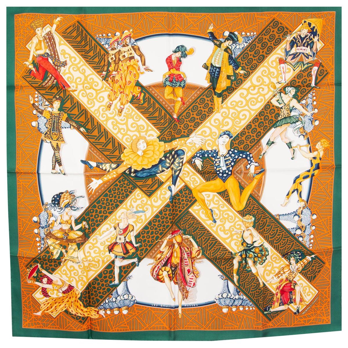 Hermes green orange LES BALLETS RUSSES 90 silk twill Scarf