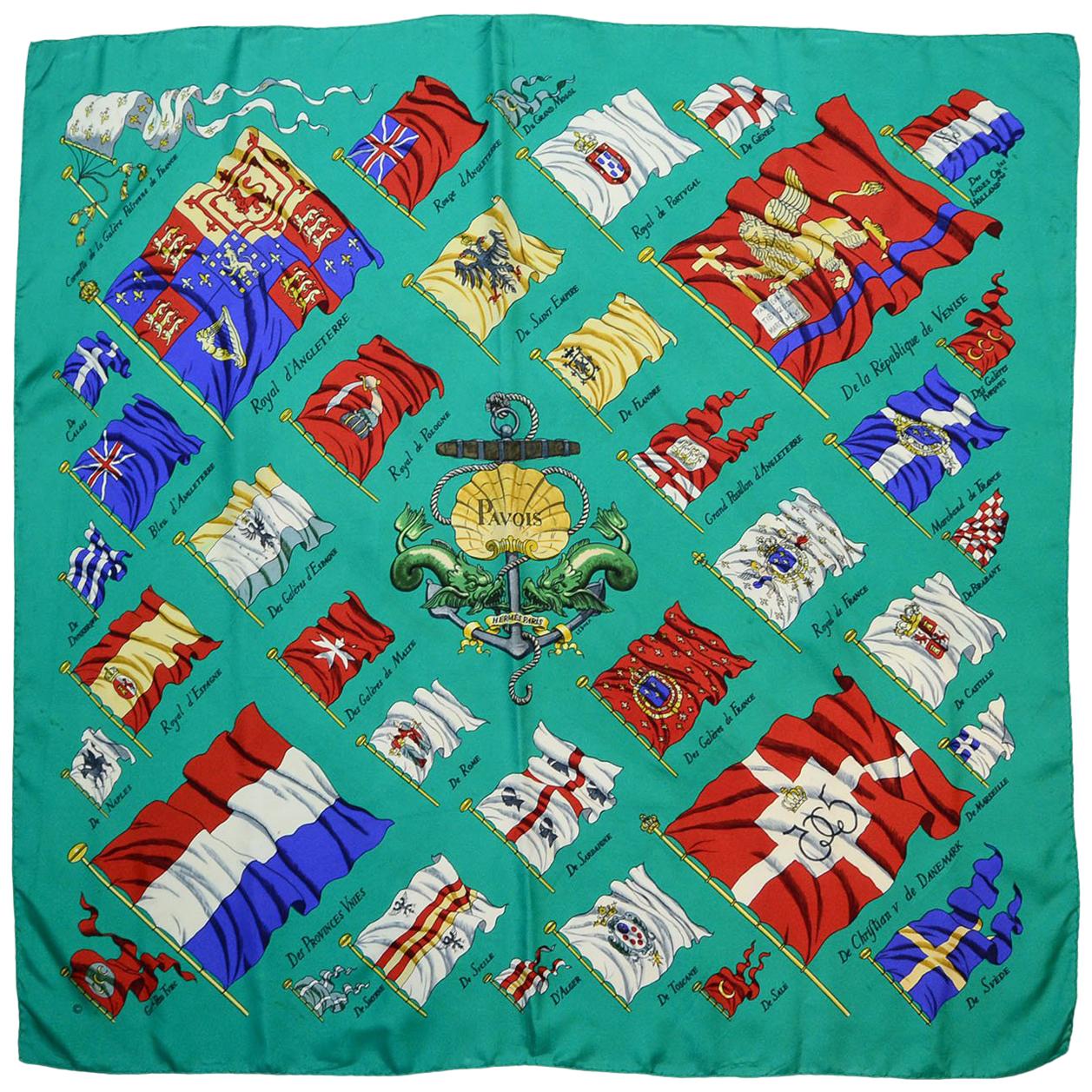 Hermes Green Pavois Flag Print Silk Scarf 90 cm