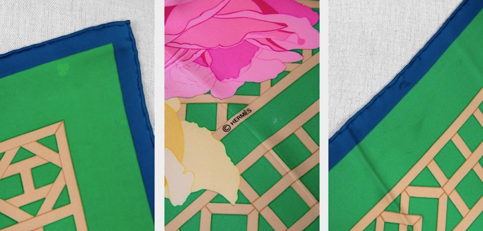 Hermès Green Pinks Blue ROSERAIE 90 cm Silk Scarf Christiane Vauzelles 1990 5