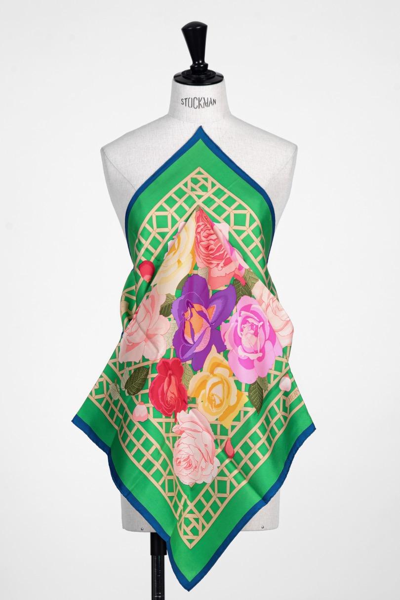 Hermès Green Pinks Blue ROSERAIE 90 cm Silk Scarf Christiane Vauzelles 1990 6