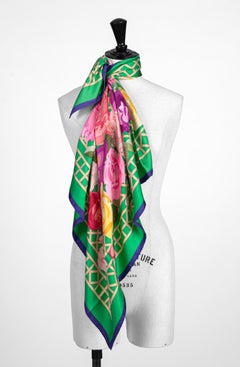 Hermès Green Pinks Blue ROSERAIE 90 cm Silk Scarf Christiane Vauzelles 1990