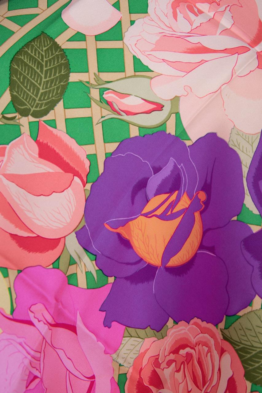 Women's or Men's Hermès Green Pinks Blue ROSERAIE 90 cm Silk Scarf Christiane Vauzelles 1990