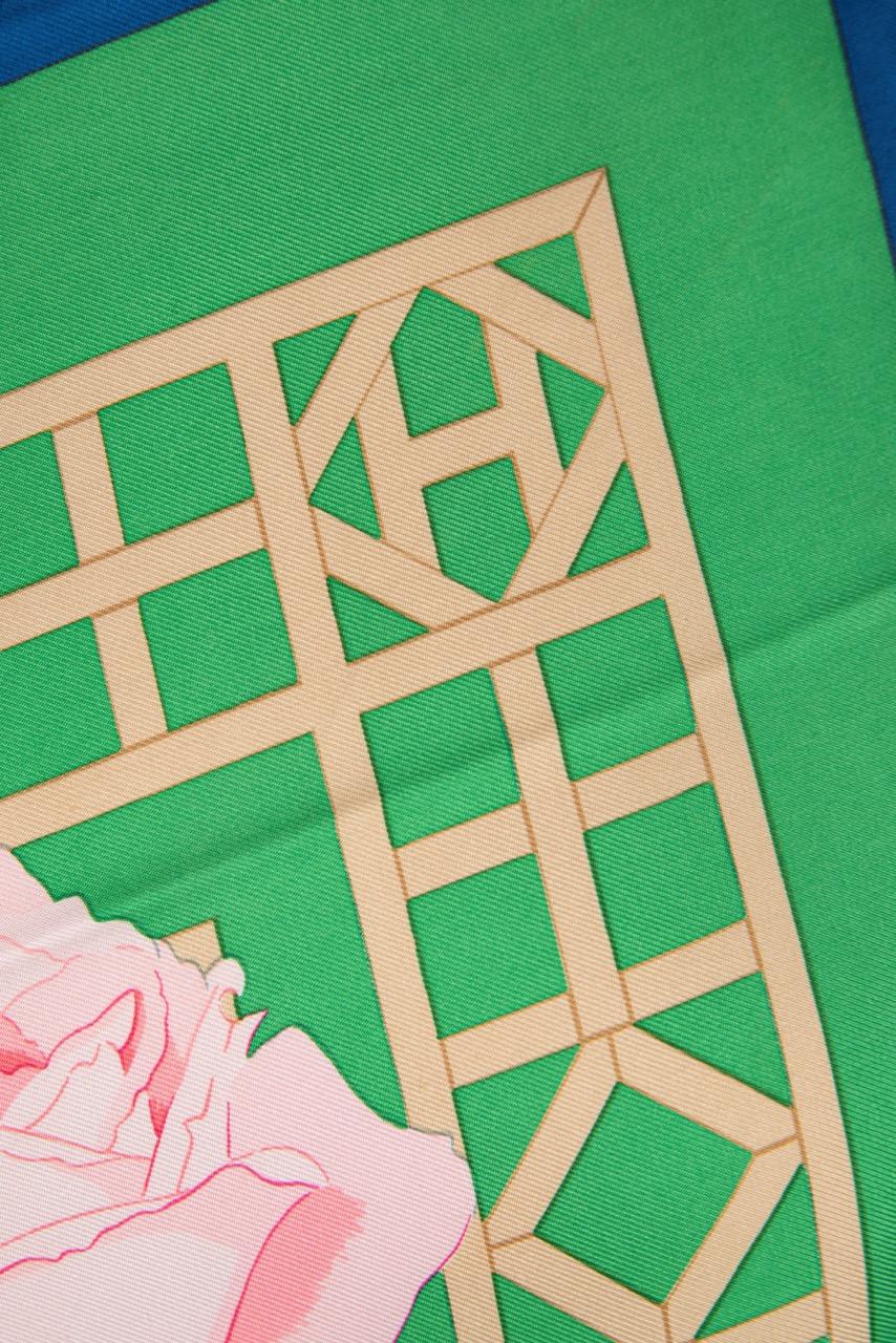 Hermès Green Pinks Blue ROSERAIE 90 cm Silk Scarf Christiane Vauzelles 1990 1