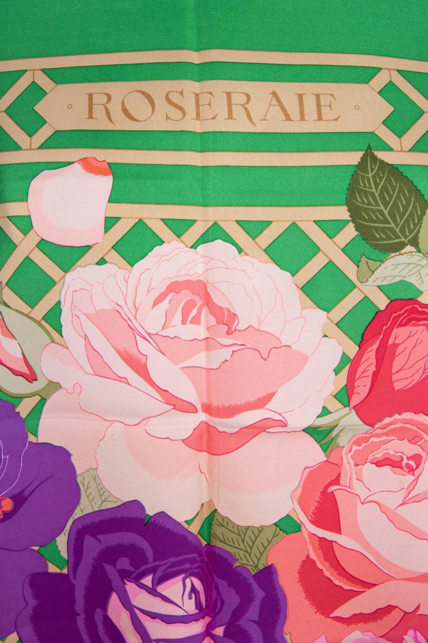 Hermès Green Pinks Blue ROSERAIE 90 cm Silk Scarf Christiane Vauzelles 1990 2