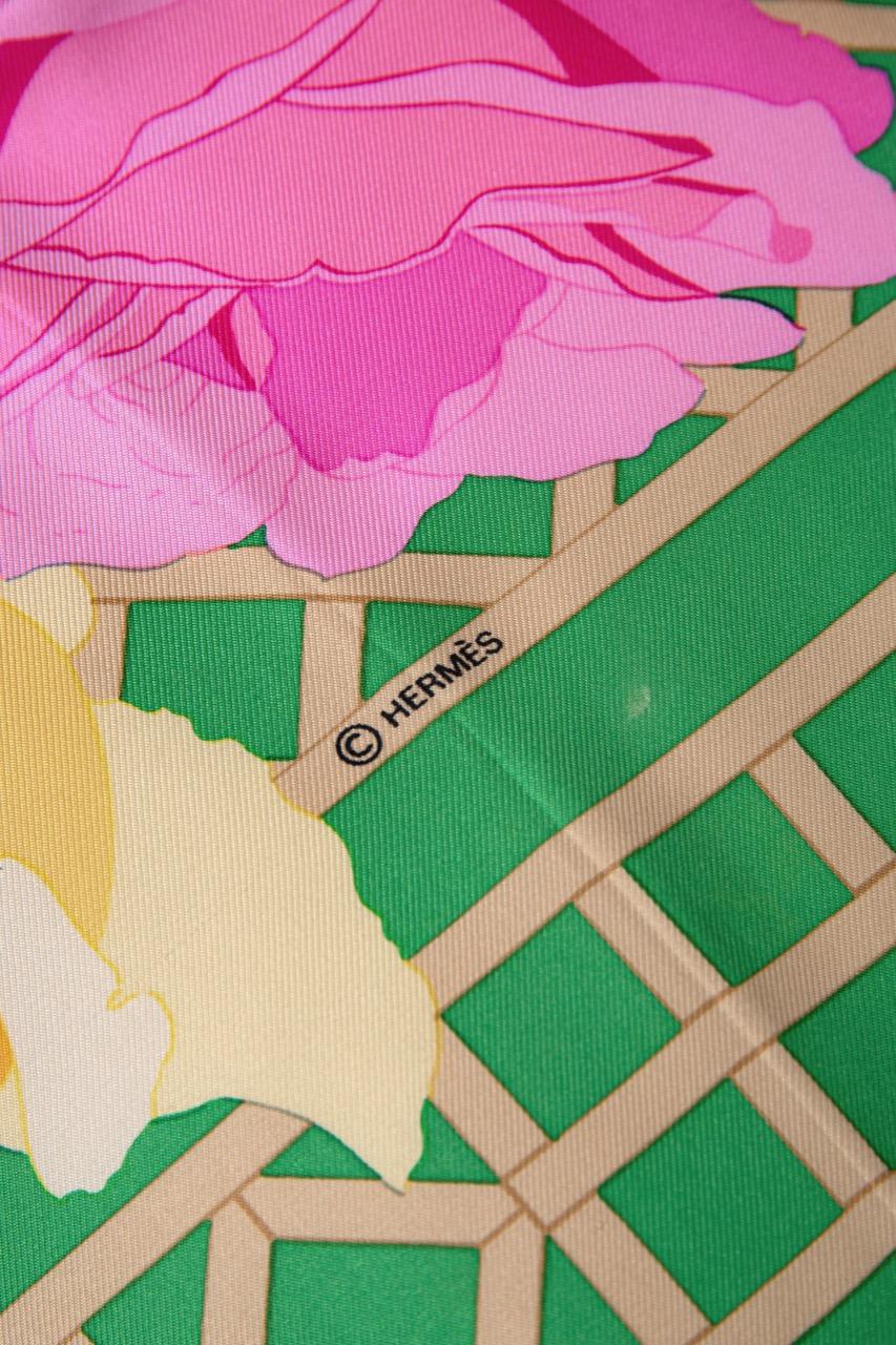 Hermès Green Pinks Blue ROSERAIE 90 cm Silk Scarf Christiane Vauzelles 1990 4