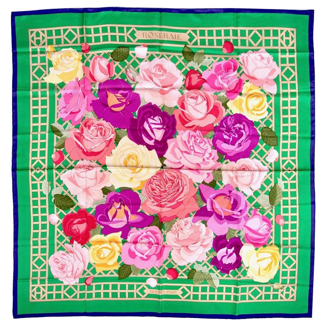 Hermès Green Pinks Blue ROSERAIE 90 cm Silk Scarf Christiane Vauzelles 1990