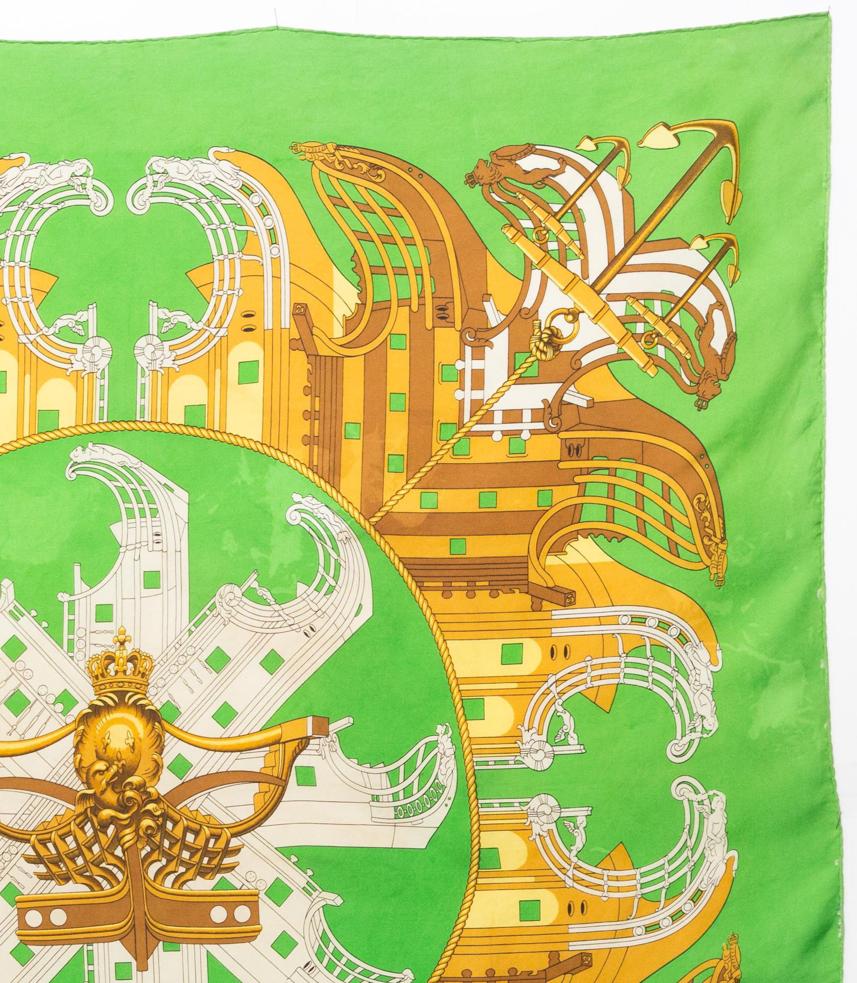 Hermes Green Proues by P Ledoux Silk Scarf In Good Condition For Sale In Paris, FR