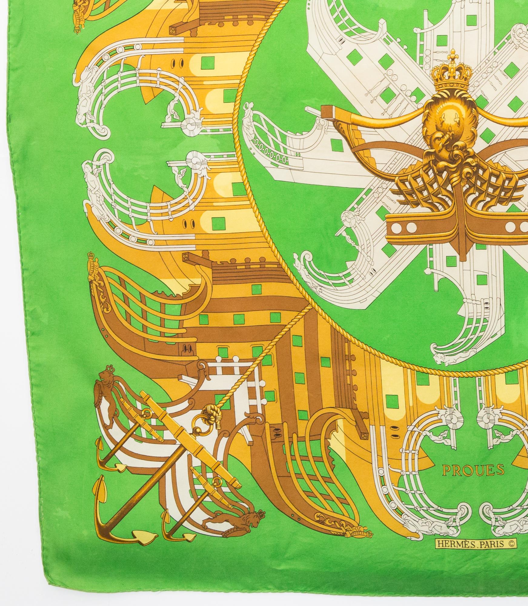 Women's or Men's Hermes Green Proues by P Ledoux Silk Scarf For Sale