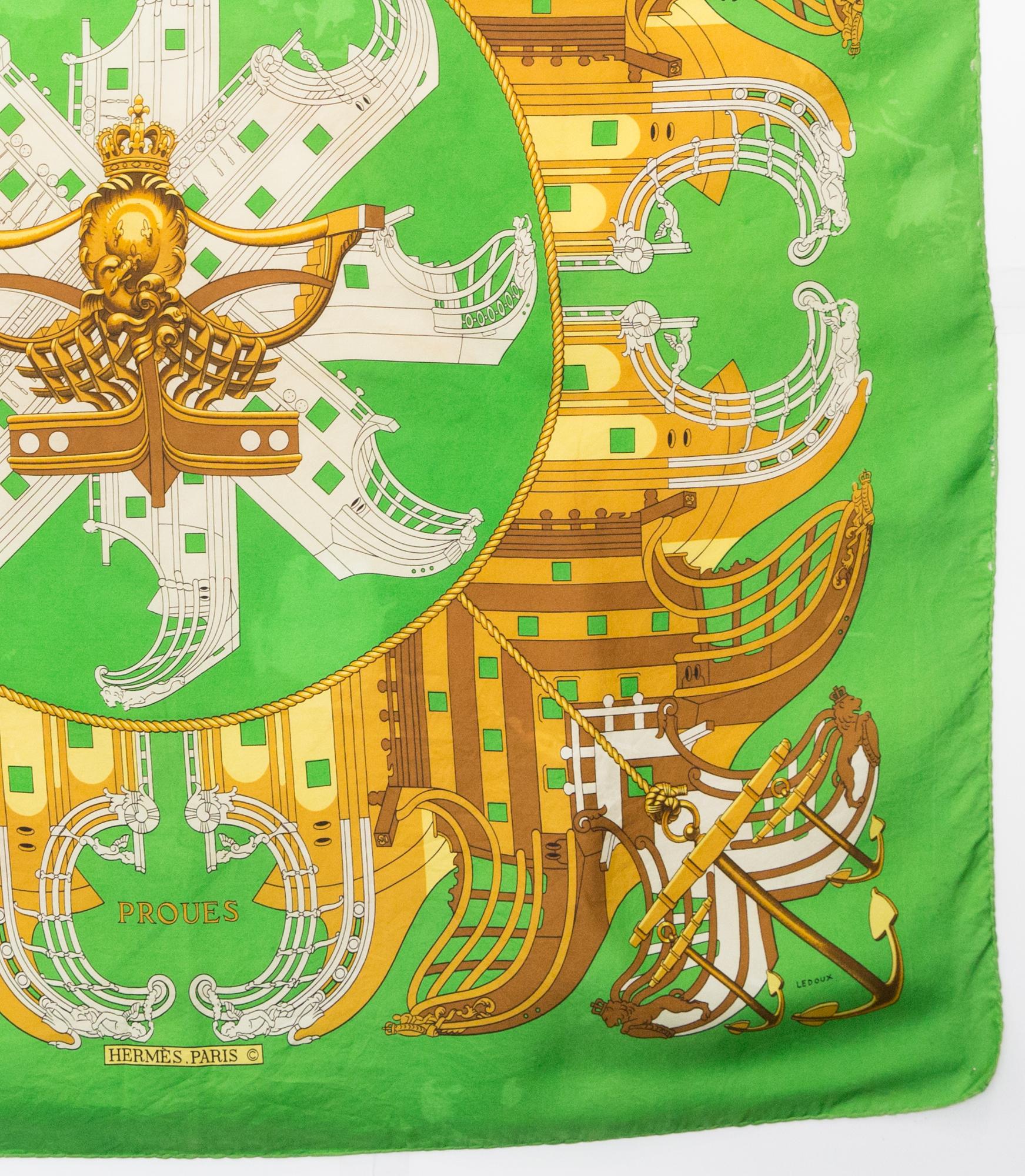 Hermes Green Proues by P Ledoux Silk Scarf For Sale 1