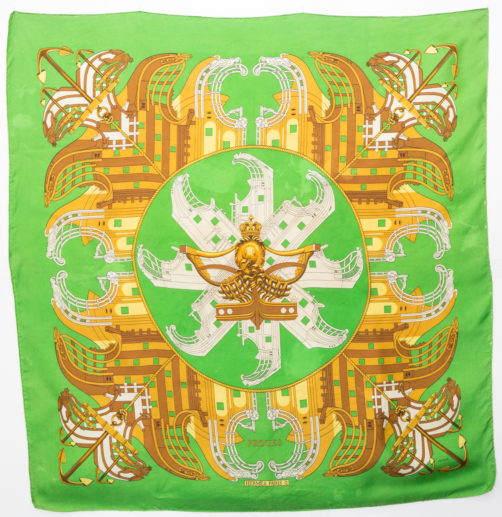 Hermes Green Proues by P Ledoux Silk Scarf For Sale 3