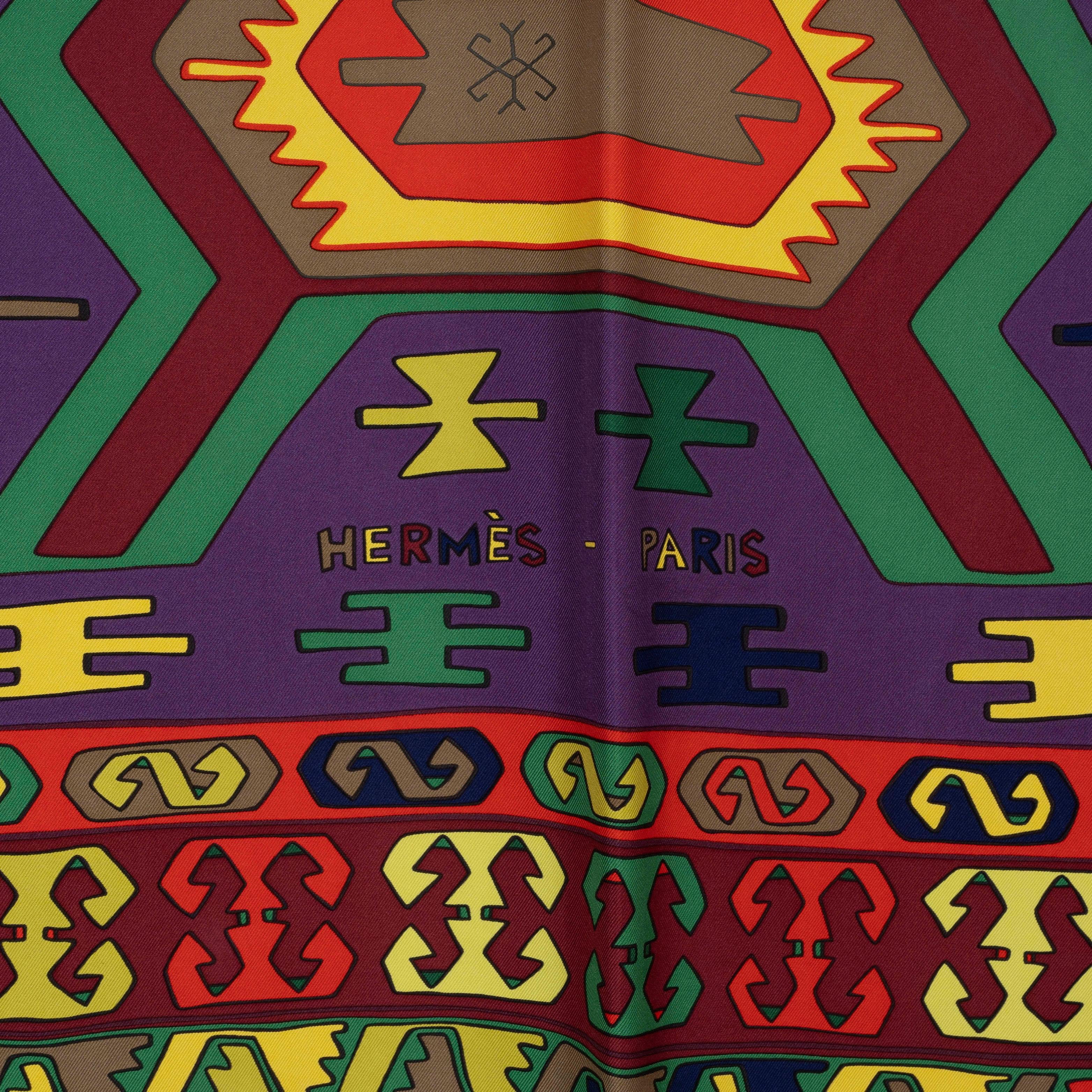 Black HERMES green purple silk KILIM 90 TWILL Scarf For Sale