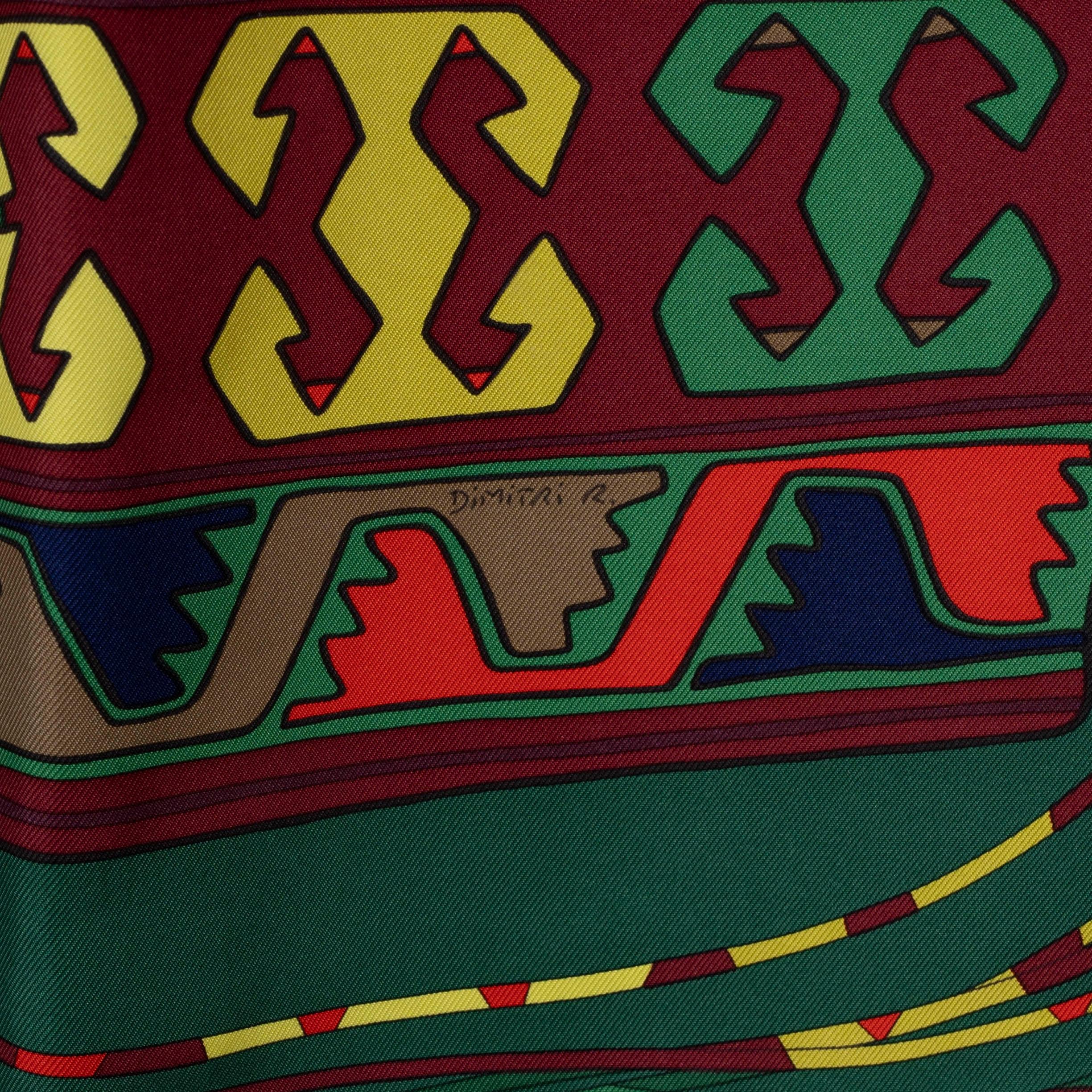 Women's or Men's HERMES green purple silk KILIM 90 TWILL Scarf For Sale