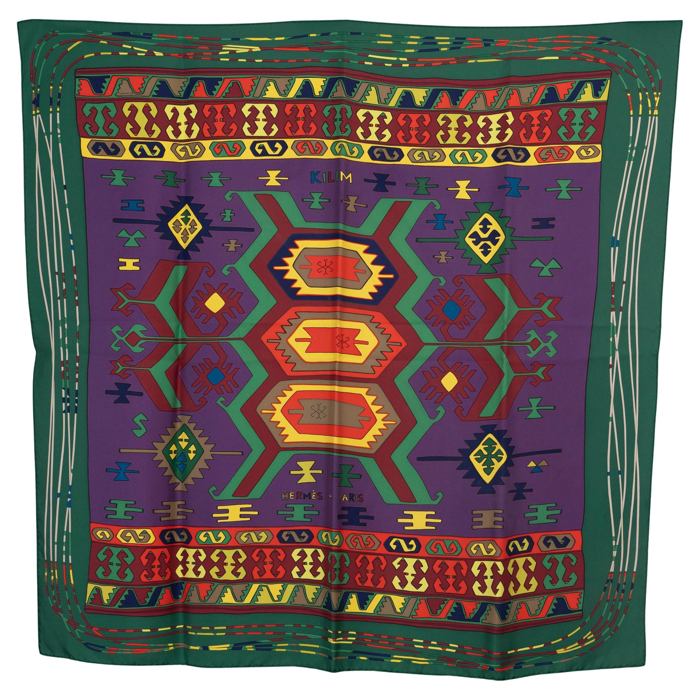 HERMES green purple silk KILIM 90 TWILL Scarf For Sale
