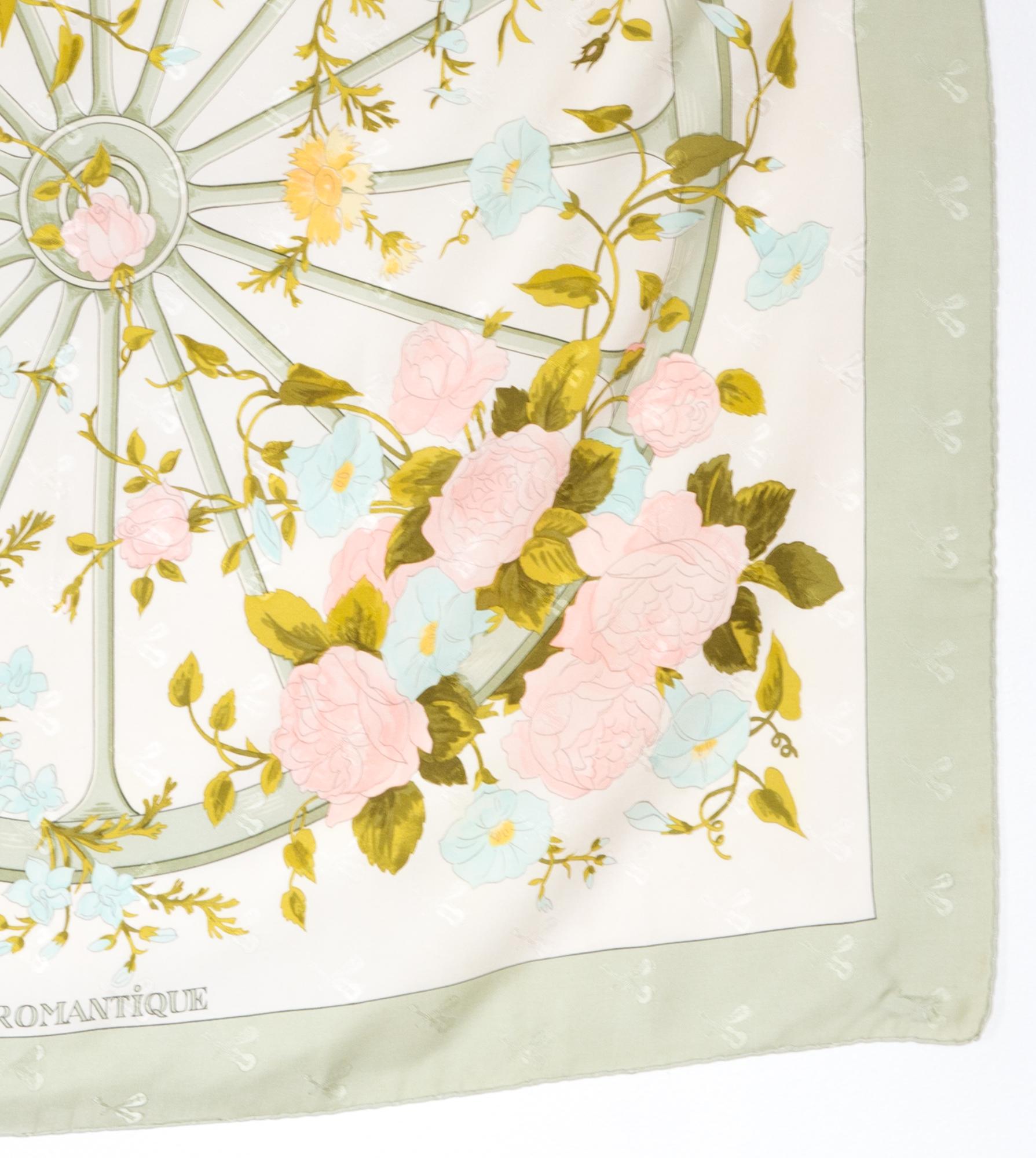 Beige Hermes Green Romantique by Maurice Tranchant Silk Scarf