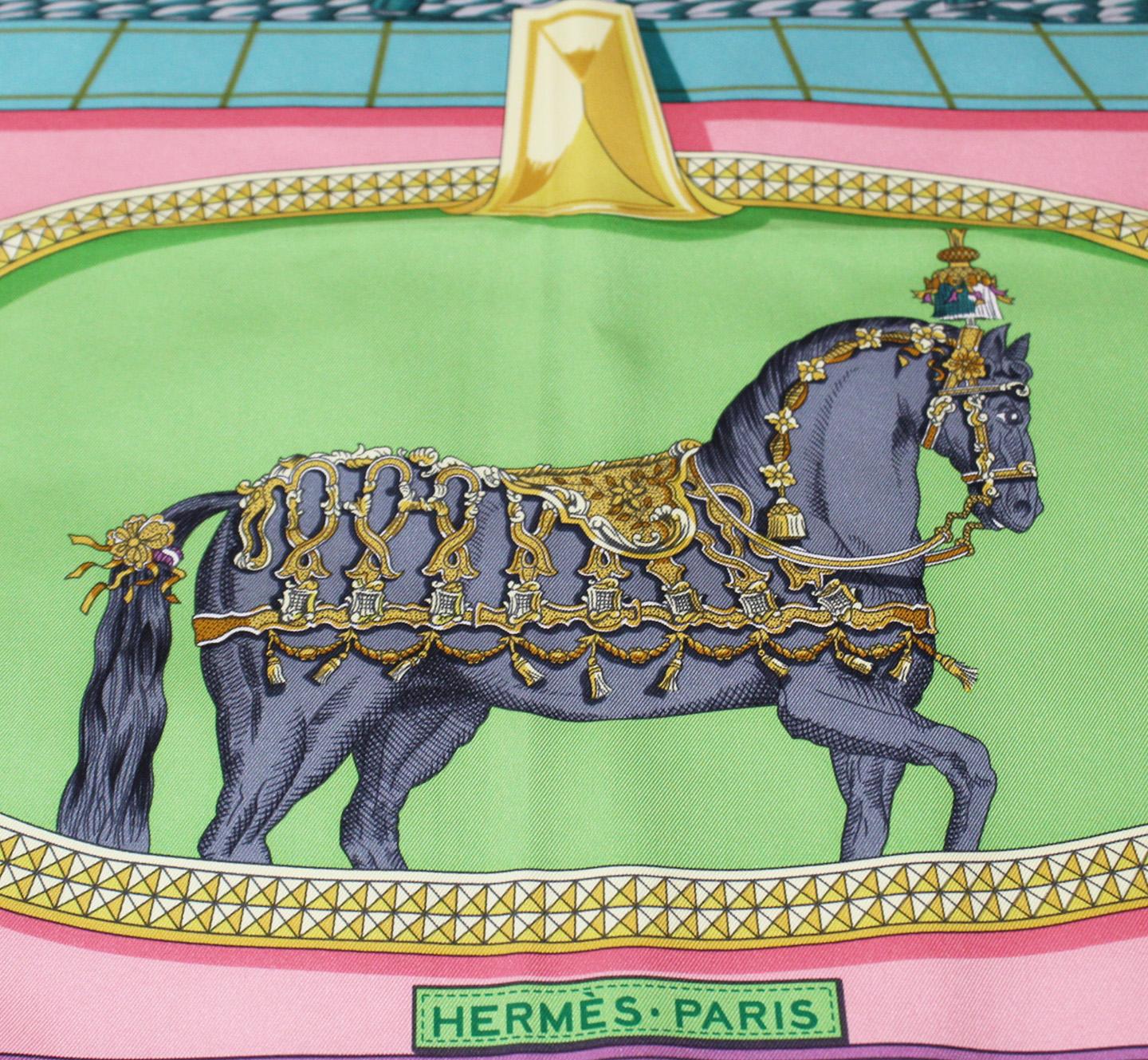 Brown Hermes Green, Rose & Pistache Grand Apparat Silk Scarf Created by Jacques Eudel