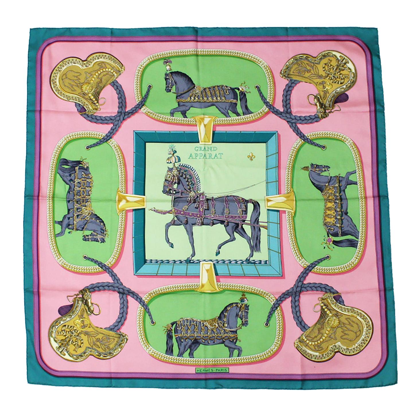 Hermes Green, Rose & Pistache Grand Apparat Silk Scarf Created by Jacques Eudel