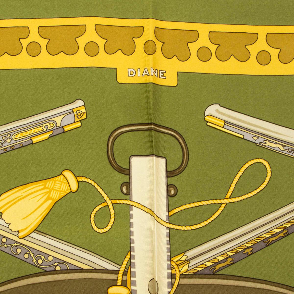 100% authentic Hermes 'Diane' scarf in green silk twill (100%) with details in antique gold and gray. Has been worn with a few stains. Overall in very good vintage condition.

Measurements
Width	90cm (35.1in)
Height	90cm (35.1in)

All our listings
