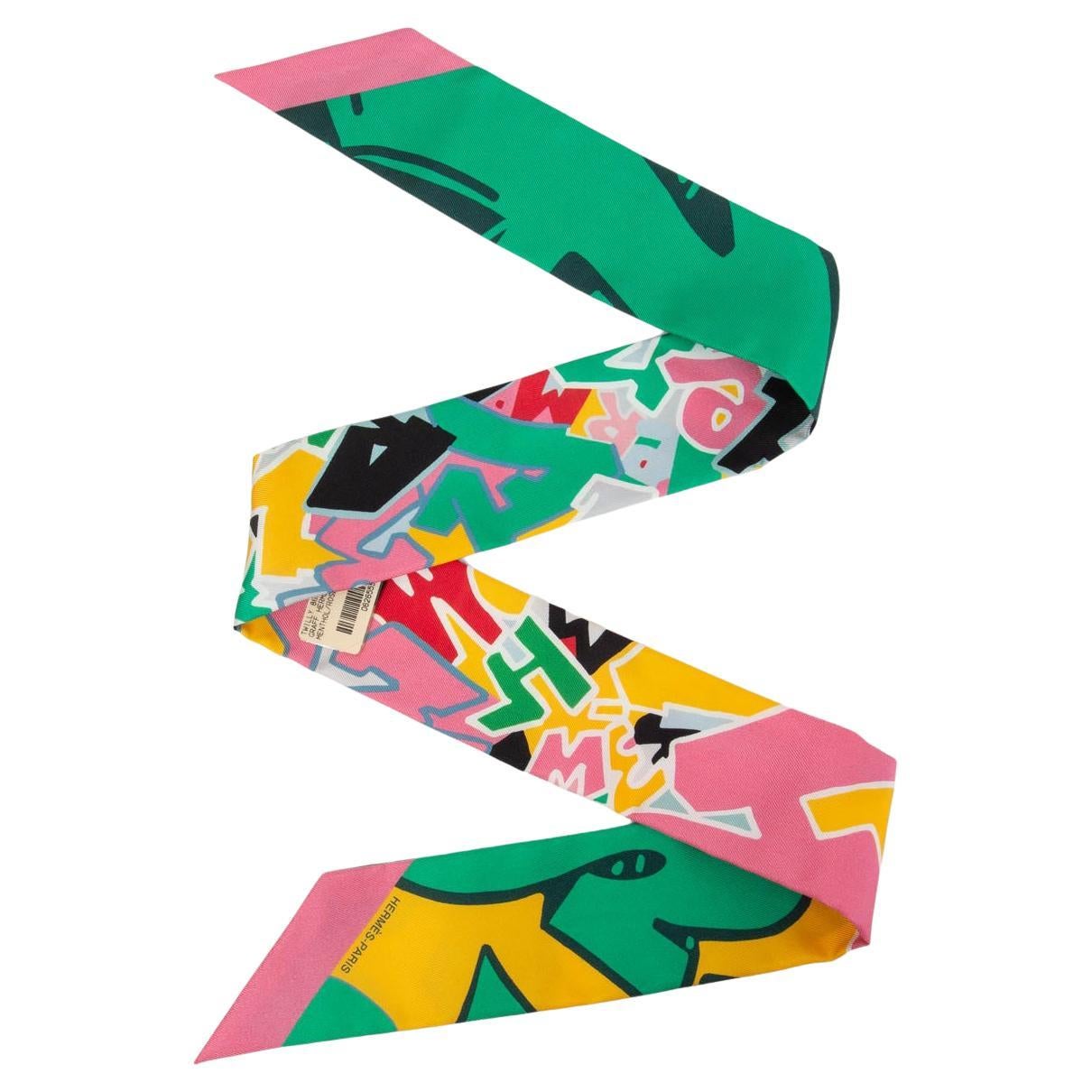 HERMES green silk GRAFF HERMES Twilly Scarf Menthol Rose Jaune