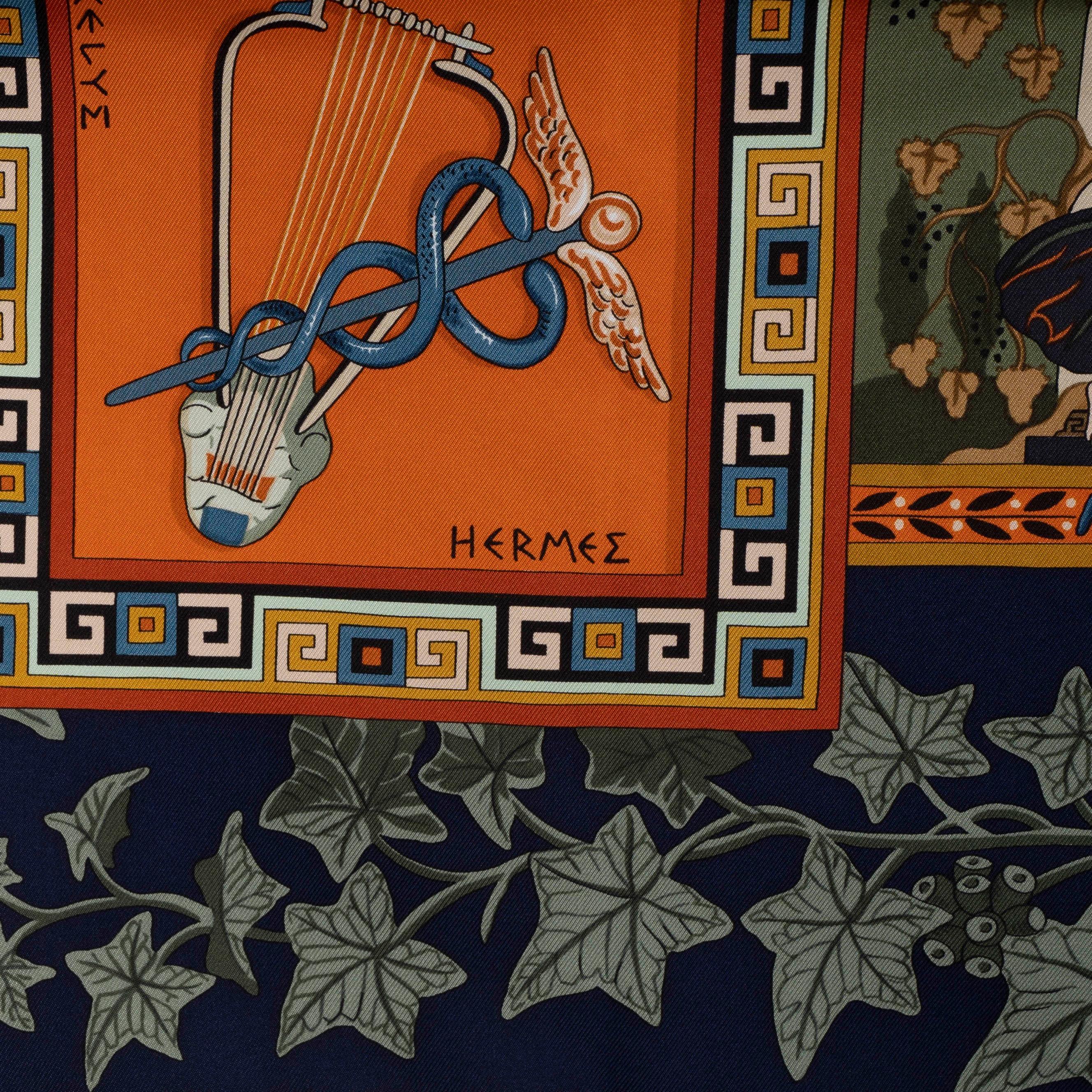 This 100% authentic Hermès Musique des Deux 90 scarf, designed by Claudia Stuhlhofer-Mayr, is crafted from luxurious sage green silk twill. It features an enchanting print of ancient Greek mystical figures playing musical instruments, rendered in
