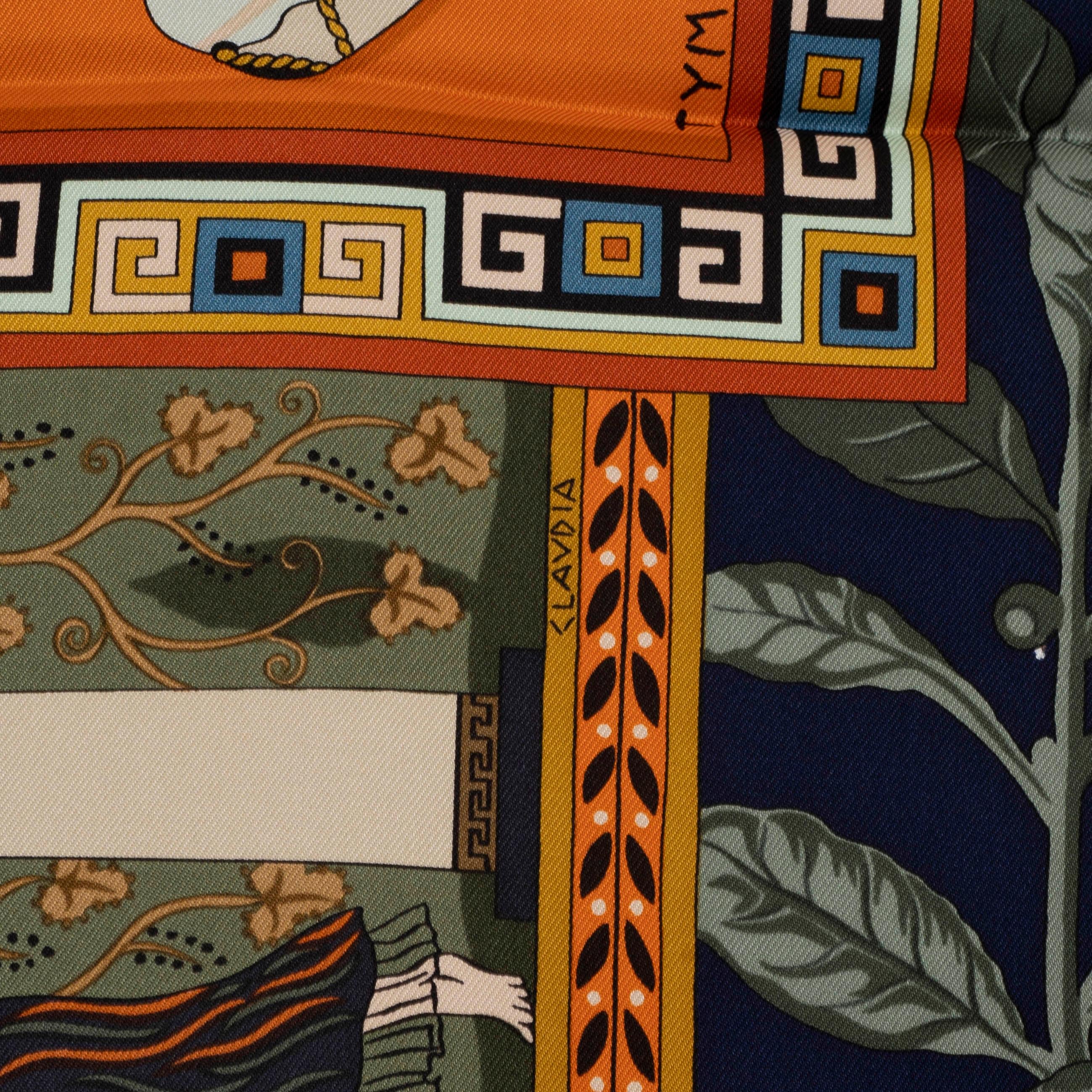 HERMES green silk MUSIQUE DES DIEUX 90 TWILL Scarf In Excellent Condition In Zürich, CH