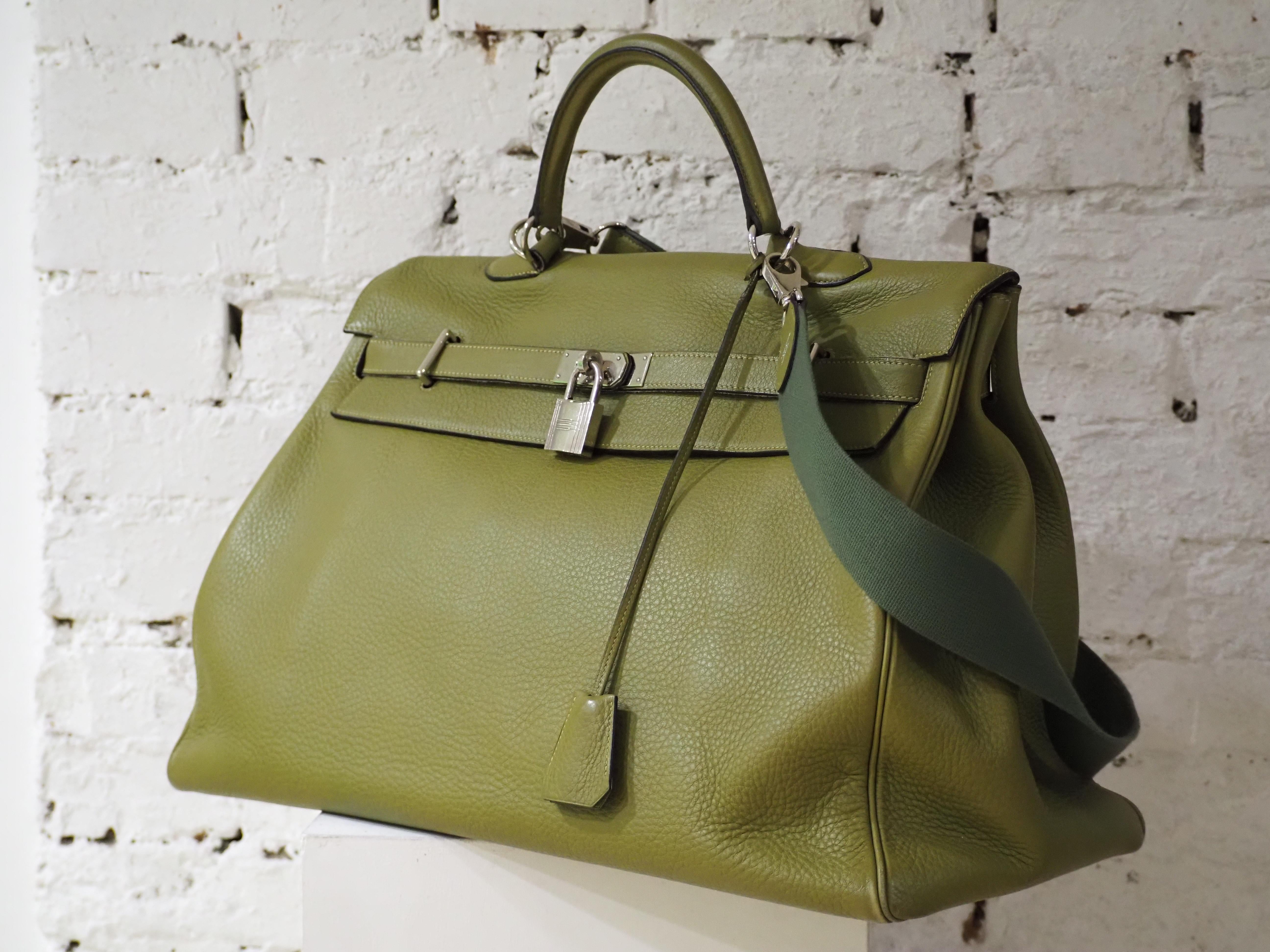 Brown Hermès green travel bag kelly 50  