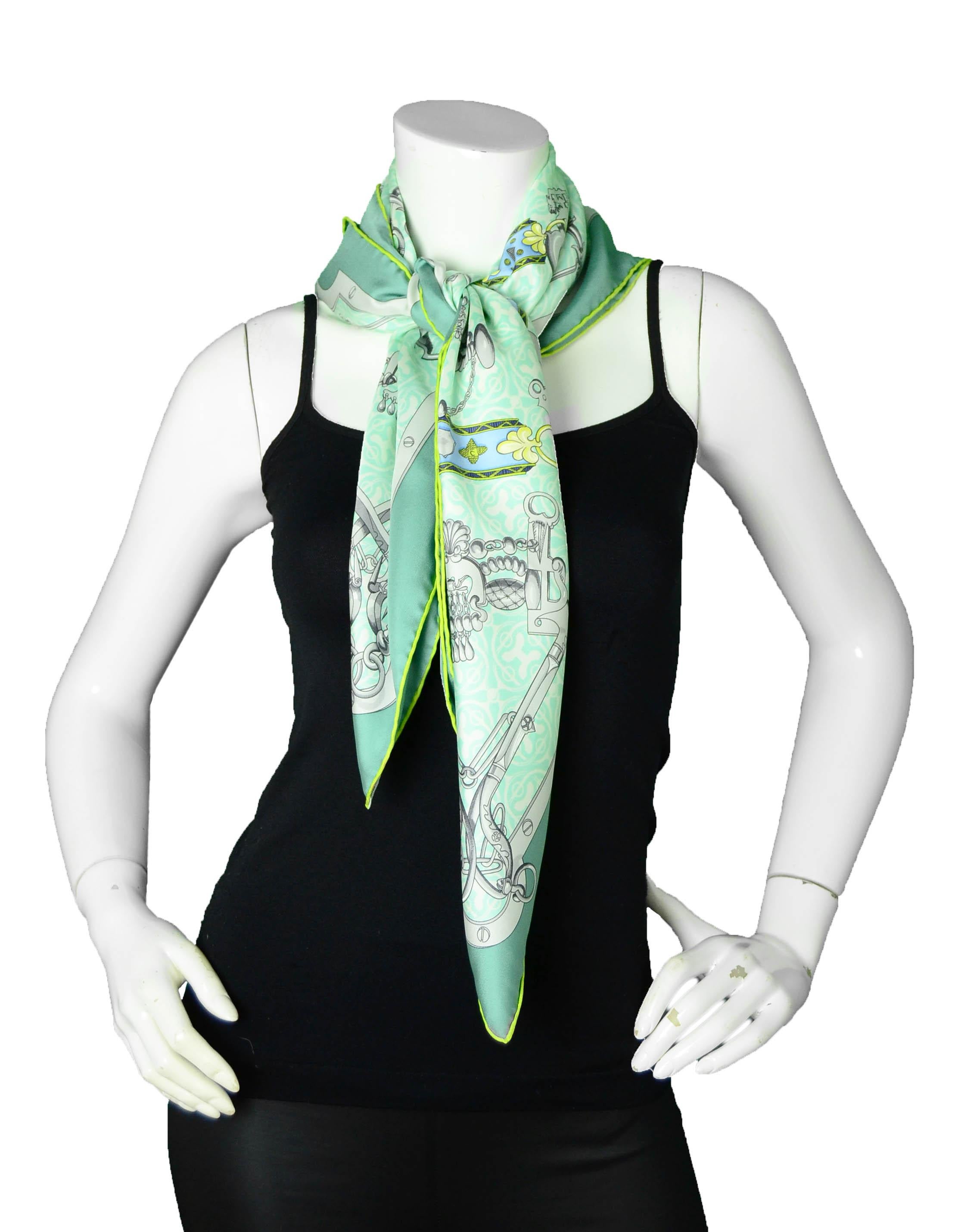 Hermes Green/Turquoise “Mors et Gourmettes” 90cm Silk Scarf by Henri d’Origny  In Excellent Condition In New York, NY