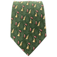 HERMES Green Umbrella Man Print Silk Tie 7808 FA