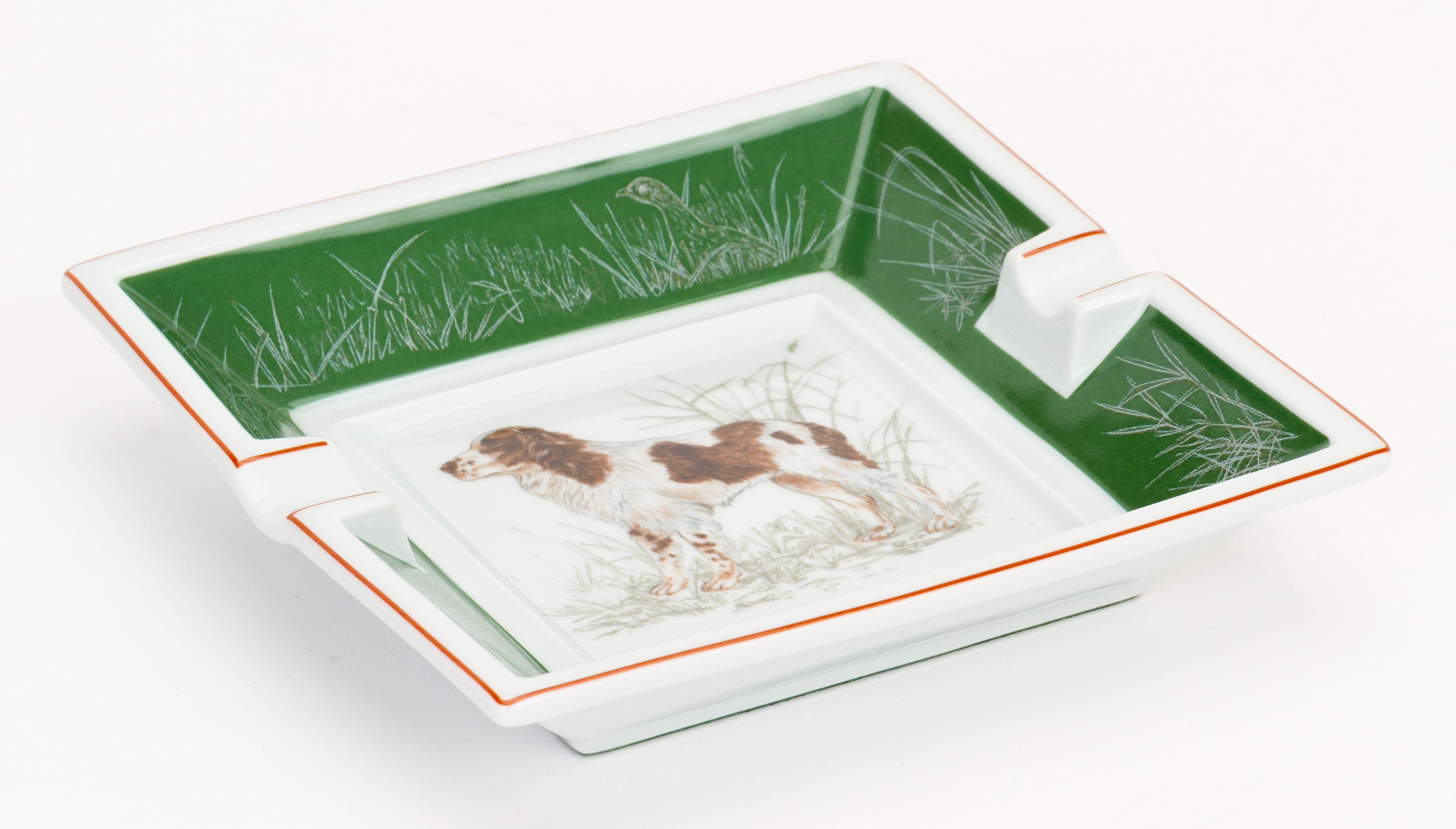 Hermès Porcelain Sprinter Dog Ashtray in green  is 100% porcelain with a green suede bottom.